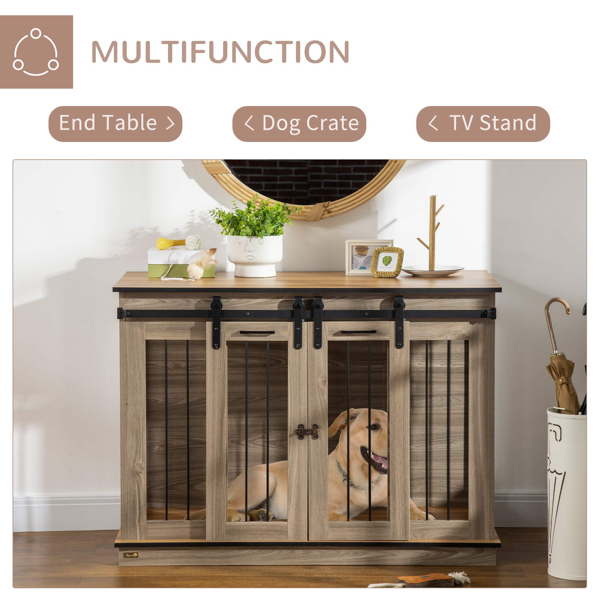 PawHut 47in Dog Crate Furniture with Divider Panel, Wooden Dog Kennel TV Stand for Large Dogs, Pet House Side Table for 2 Small Dogs with Two Rooms Design, 2 Sliding Doors, Oak