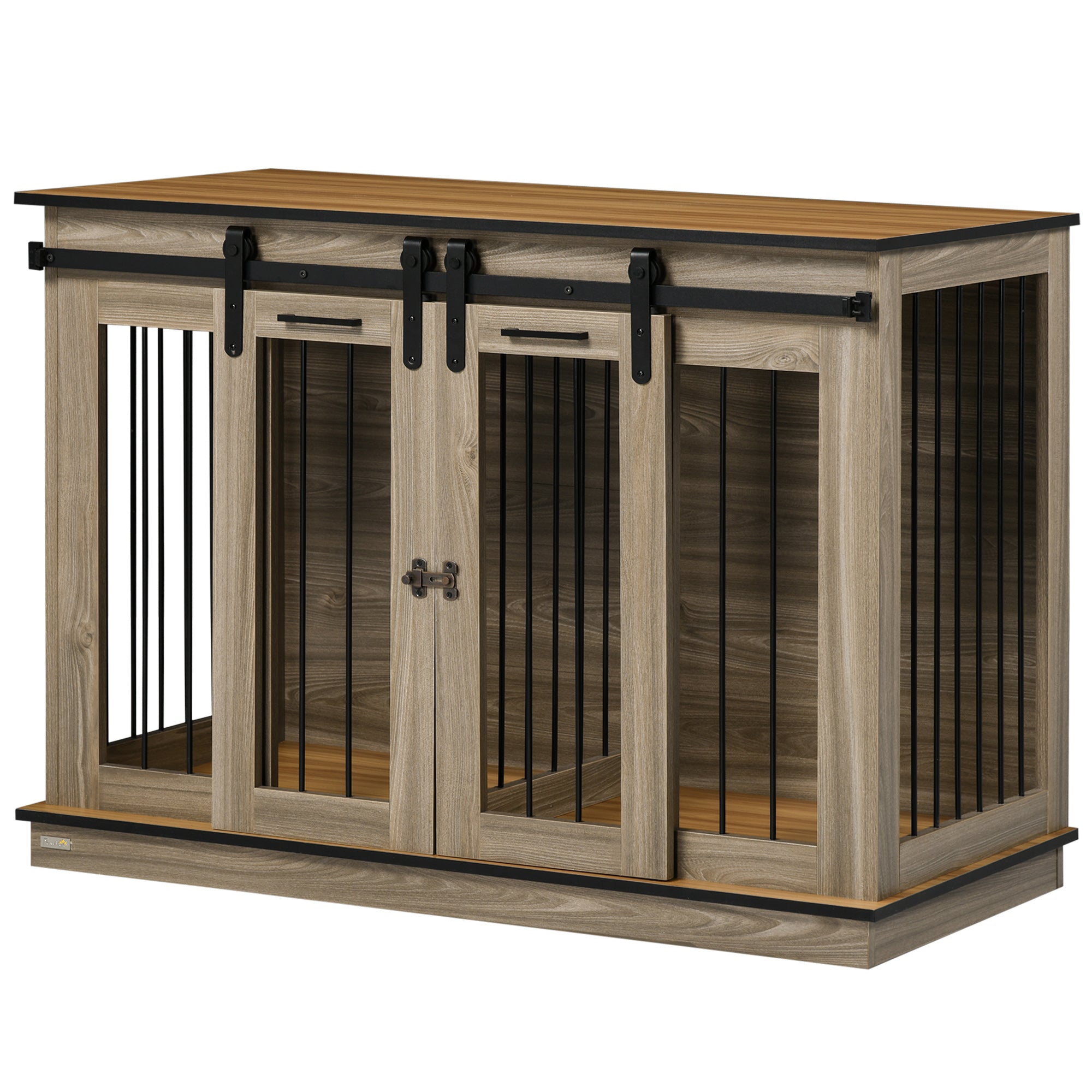 PawHut 47in Dog Crate Furniture with Divider Panel, Wooden Dog Kennel TV Stand for Large Dogs, Pet House Side Table for 2 Small Dogs with Two Rooms Design, 2 Sliding Doors, Oak