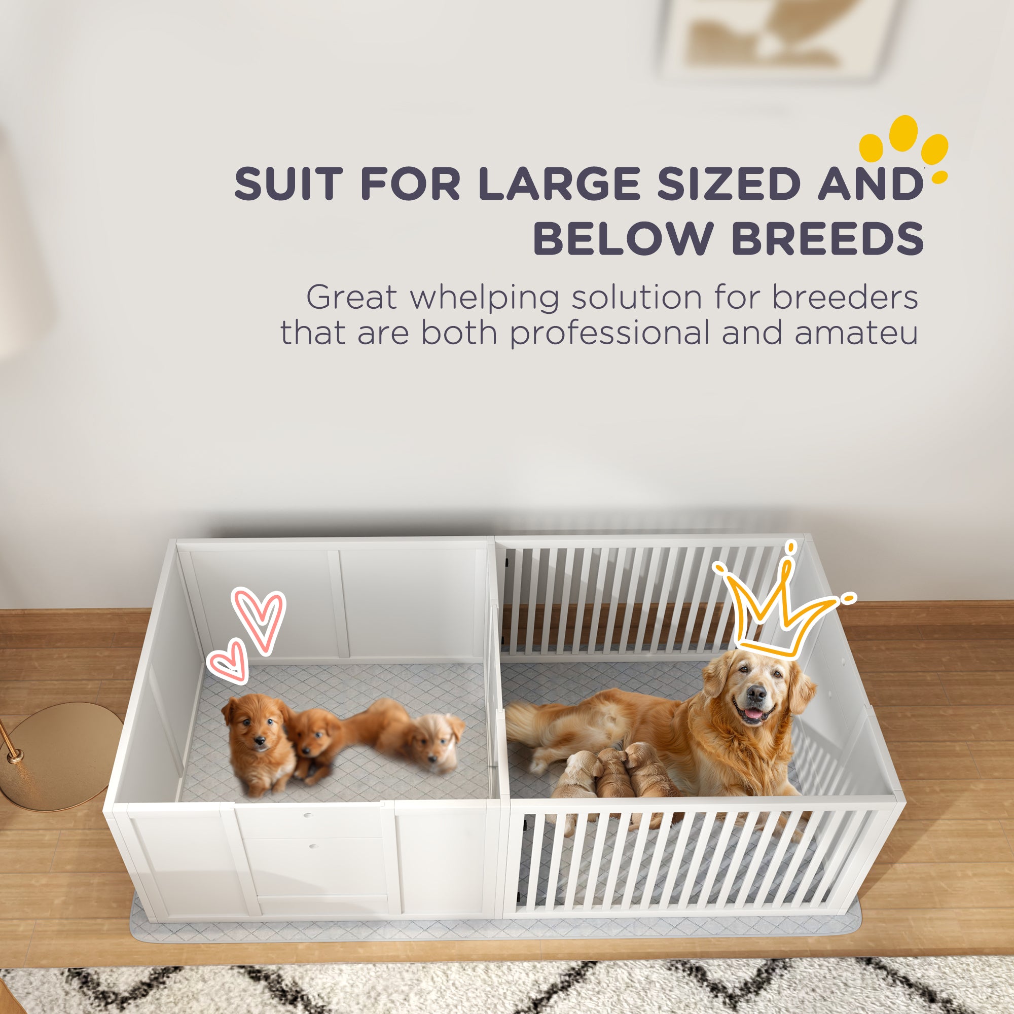 PawHut Whelping Box for Dogs, Dog Whelping Box with Waterproof Pee Pad & Adjustable Door for Small, Medium & Large Breed Dogs, 65" x 31.5"