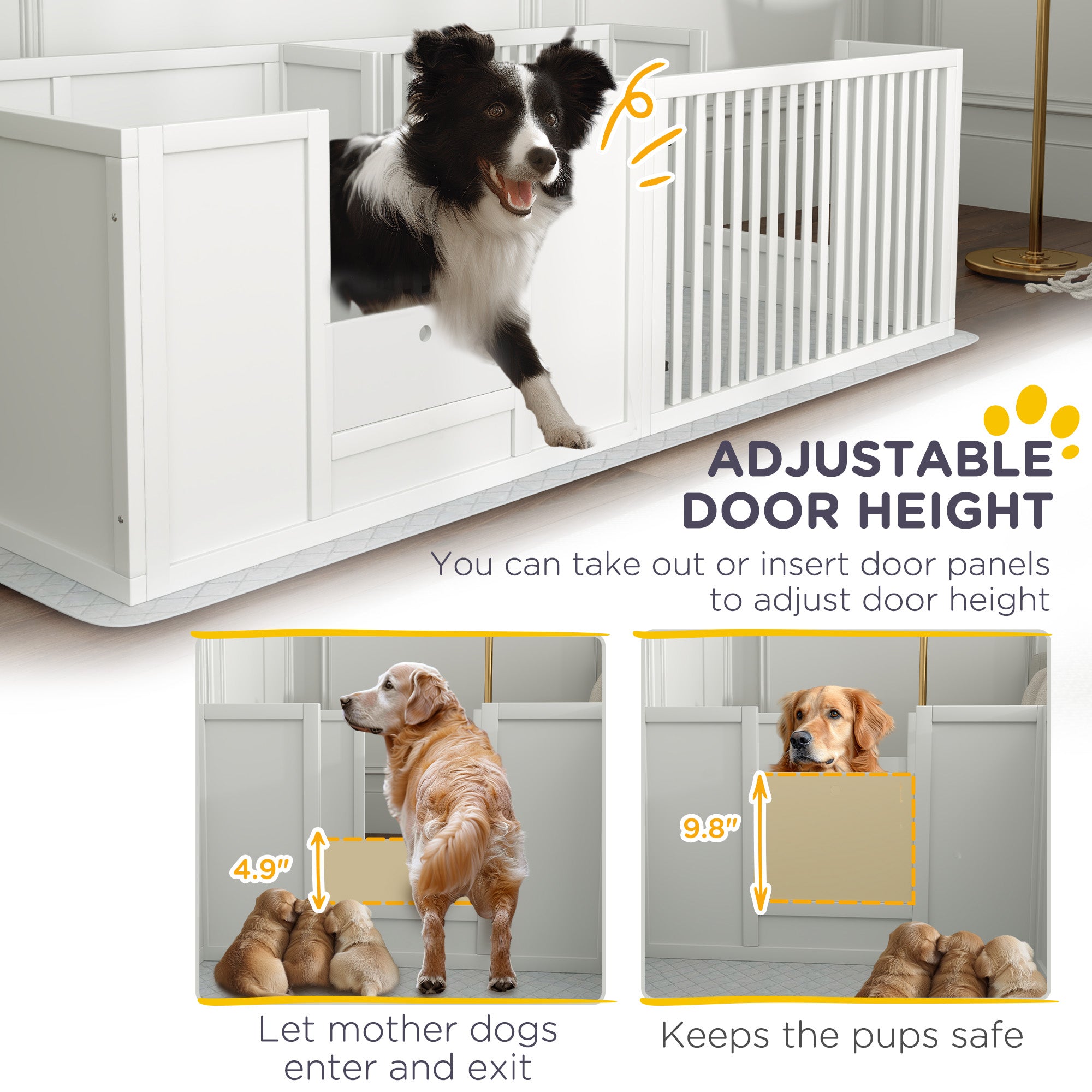 PawHut Whelping Box for Dogs, Dog Whelping Box with Waterproof Pee Pad & Adjustable Door for Small, Medium & Large Breed Dogs, 65" x 31.5"