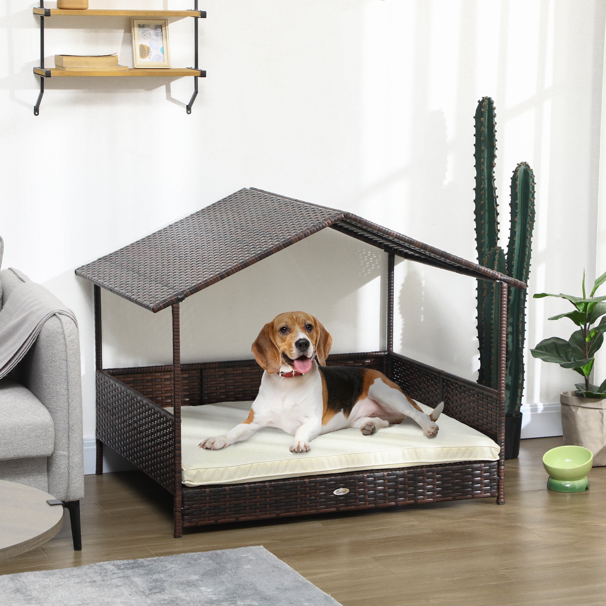 PawHut Outdoor Wicker Dog House with Canopy, Rattan Dog Bed with Soft Cushion Removable Cover for Medium and Large Dogs, Cream White