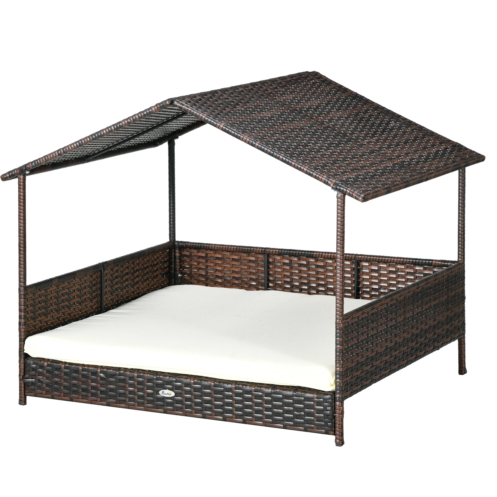 PawHut Outdoor Wicker Dog House with Canopy, Rattan Dog Bed with Soft Cushion Removable Cover for Medium and Large Dogs, Cream White
