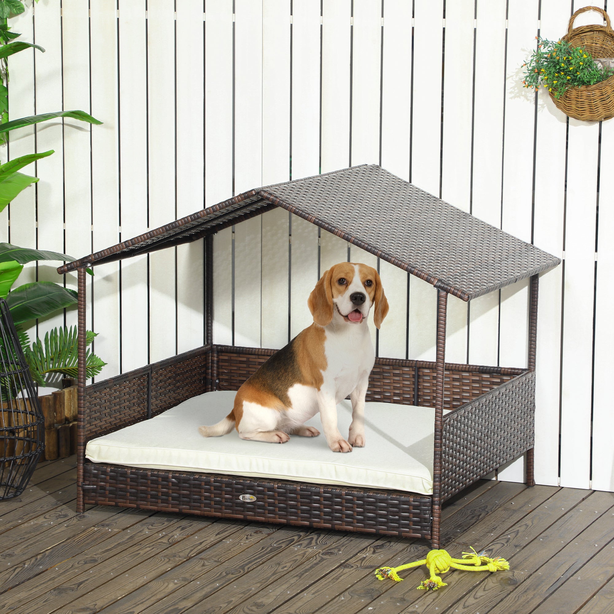 PawHut Outdoor Wicker Dog House with Canopy, Rattan Dog Bed with Soft Cushion Removable Cover for Medium and Large Dogs, Cream White