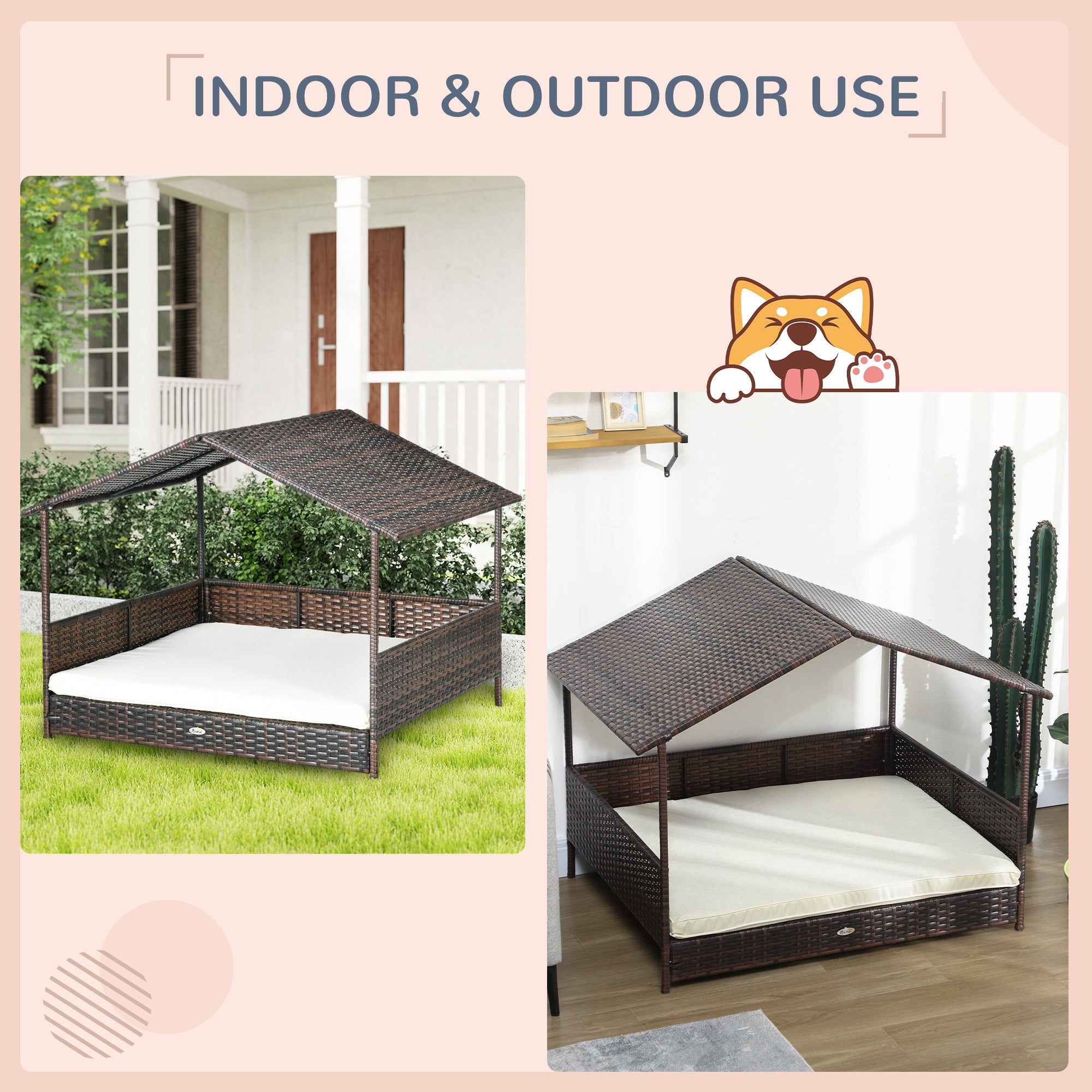 PawHut Outdoor Wicker Dog House with Canopy, Rattan Dog Bed with Soft Cushion Removable Cover for Medium and Large Dogs, Cream White