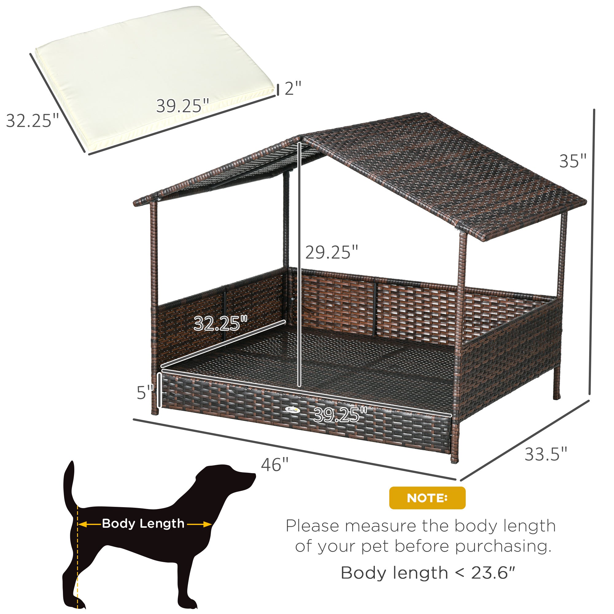 PawHut Outdoor Wicker Dog House with Canopy, Rattan Dog Bed with Soft Cushion Removable Cover for Medium and Large Dogs, Cream White