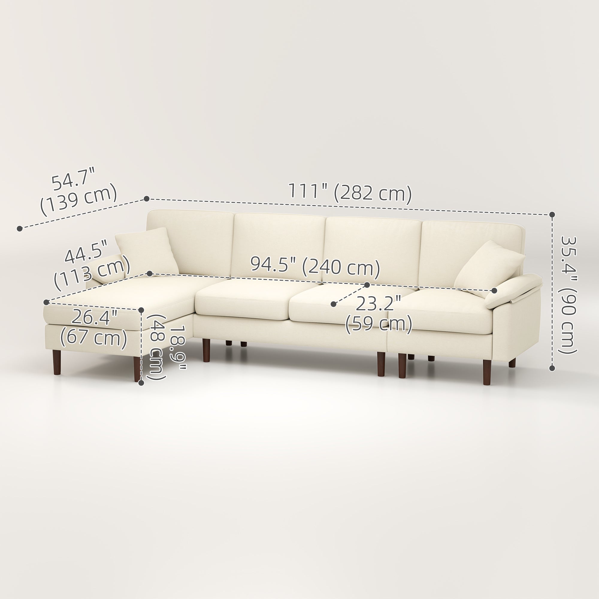 HOMCOM Changeable Sectional Sofa with Chaise Lounge, Modern 4-Seater Couch with Pillows, Wooden Legs, L-Shape Corner Sofa for Living Room, Cream White