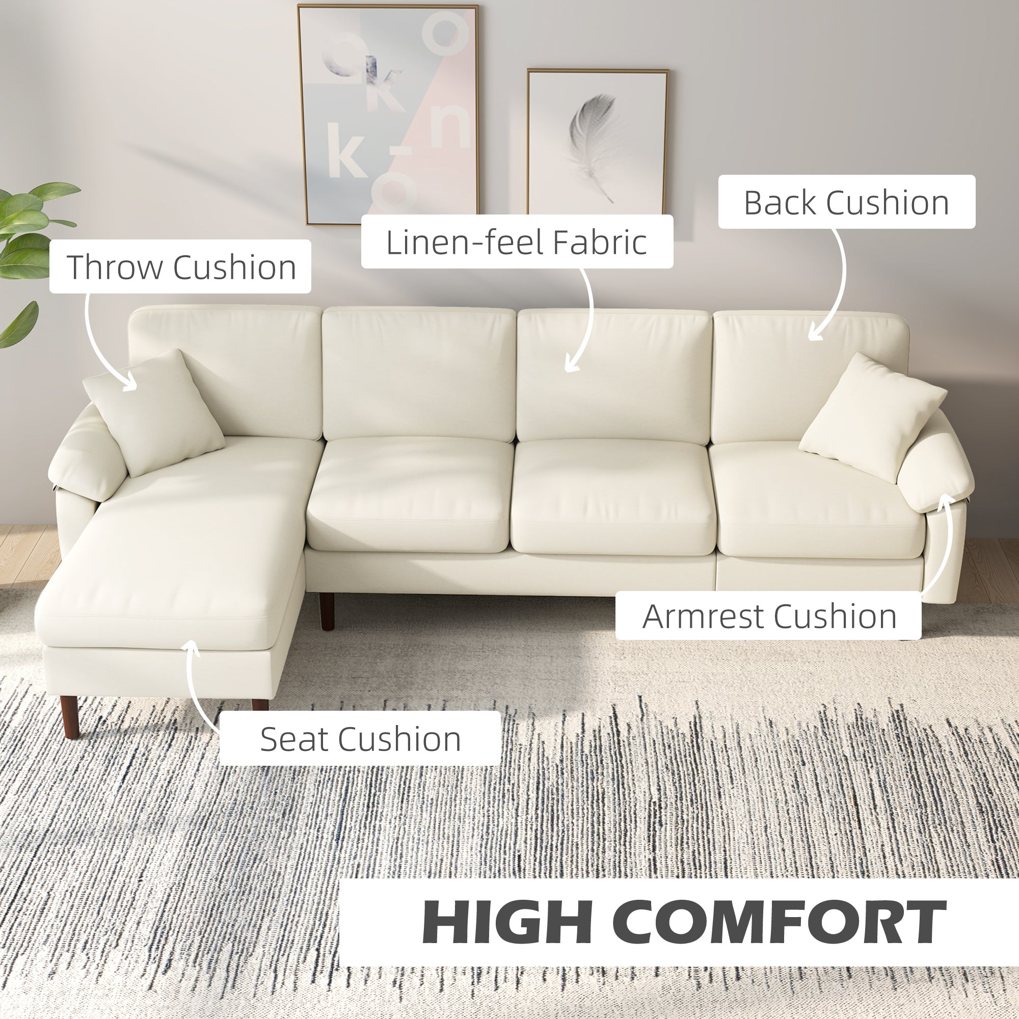 HOMCOM Changeable Sectional Sofa with Chaise Lounge, Modern 4-Seater Couch with Pillows, Wooden Legs, L-Shape Corner Sofa for Living Room, Cream White