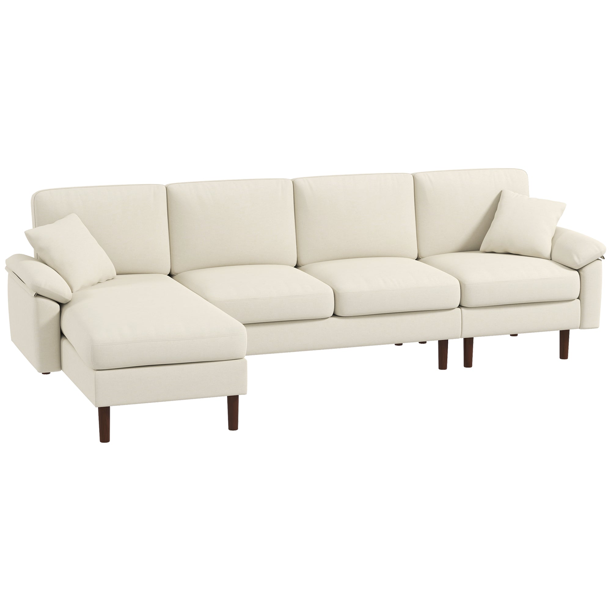 HOMCOM Changeable Sectional Sofa with Chaise Lounge, Modern 4-Seater Couch with Pillows, Wooden Legs, L-Shape Corner Sofa for Living Room, Cream White