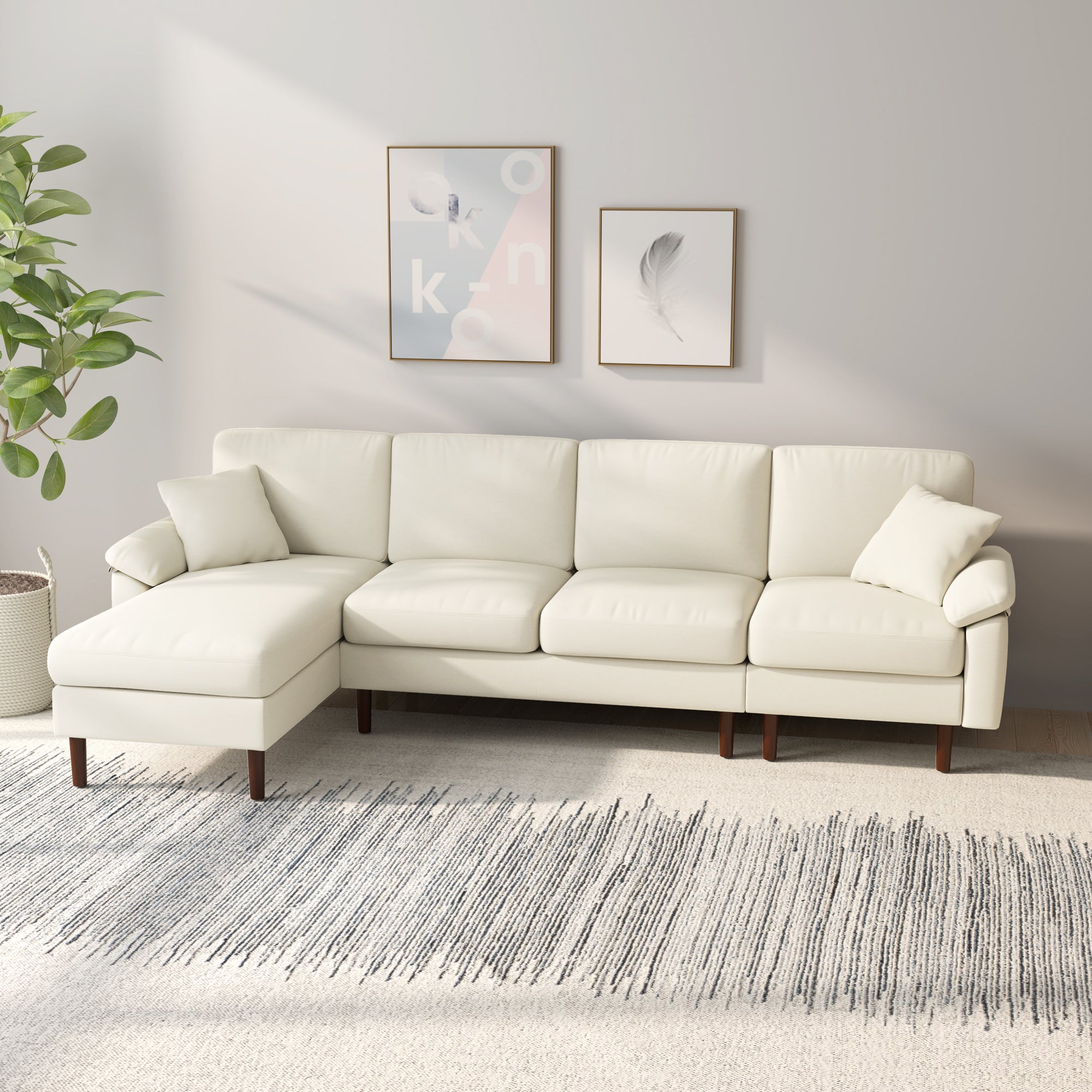HOMCOM Changeable Sectional Sofa with Chaise Lounge, Modern 4-Seater Couch with Pillows, Wooden Legs, L-Shape Corner Sofa for Living Room, Cream White