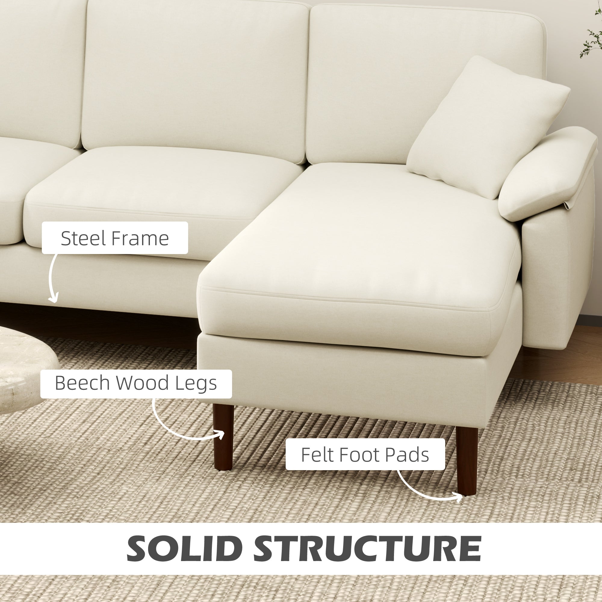 HOMCOM Changeable Sectional Sofa with Chaise Lounge, Modern 4-Seater Couch with Pillows, Wooden Legs, L-Shape Corner Sofa for Living Room, Cream White