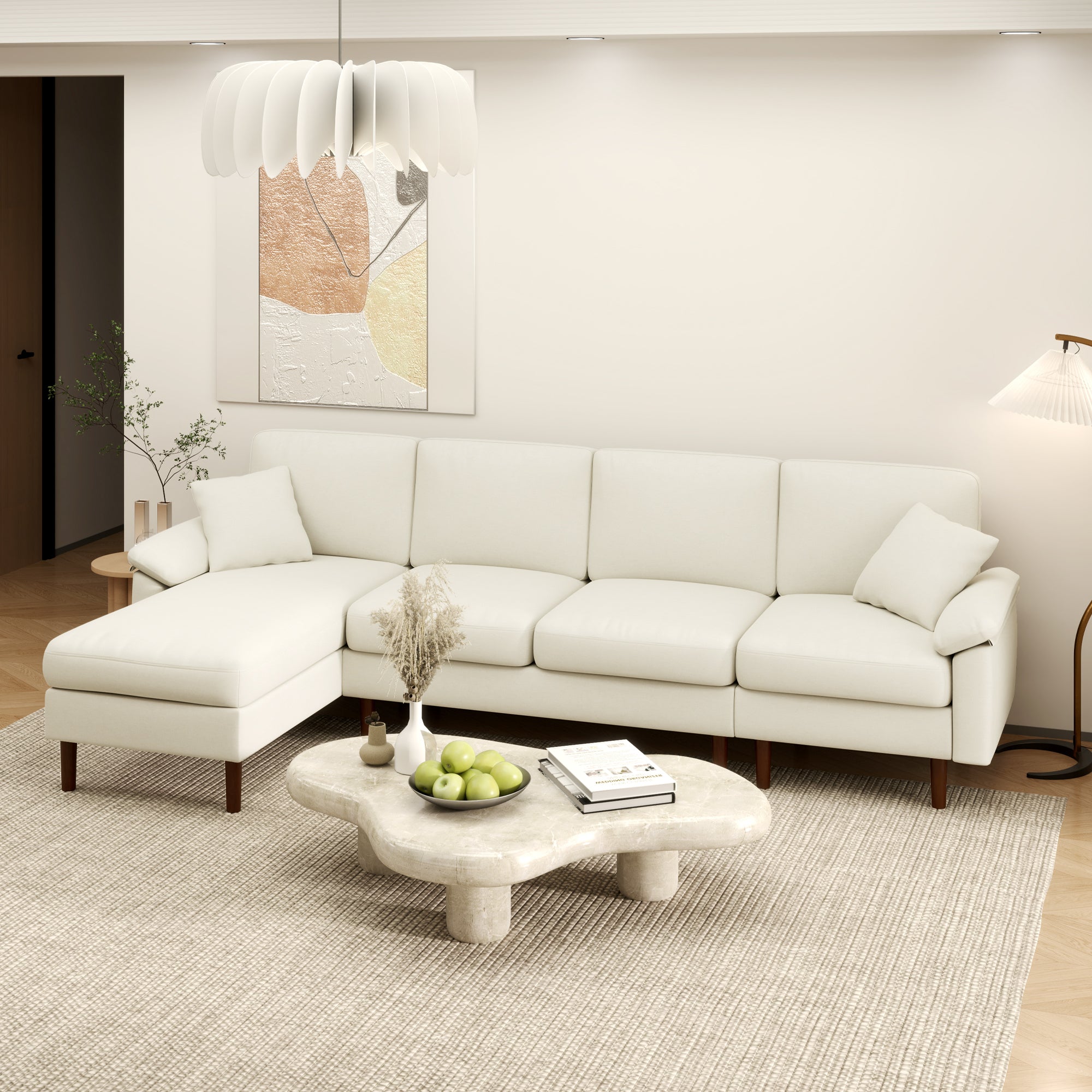 HOMCOM Changeable Sectional Sofa with Chaise Lounge, Modern 4-Seater Couch with Pillows, Wooden Legs, L-Shape Corner Sofa for Living Room, Cream White