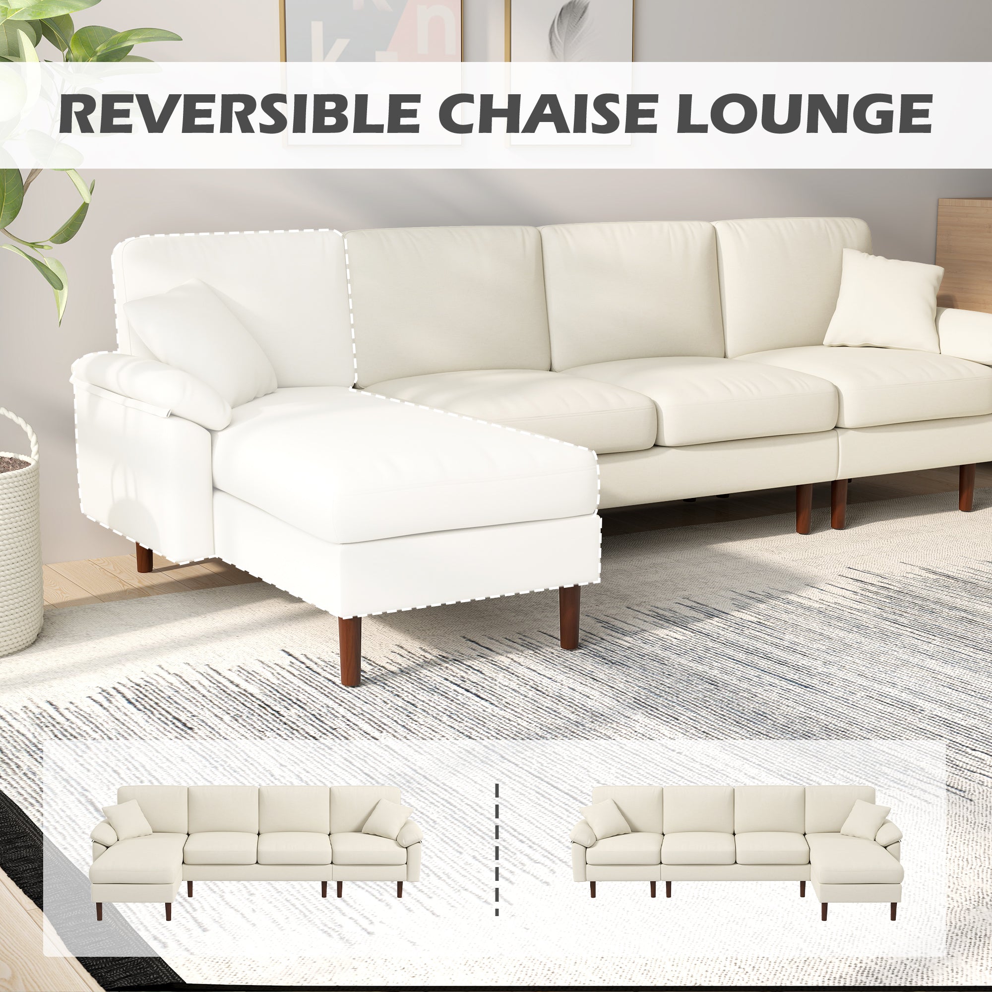 HOMCOM Changeable Sectional Sofa with Chaise Lounge, Modern 4-Seater Couch with Pillows, Wooden Legs, L-Shape Corner Sofa for Living Room, Cream White