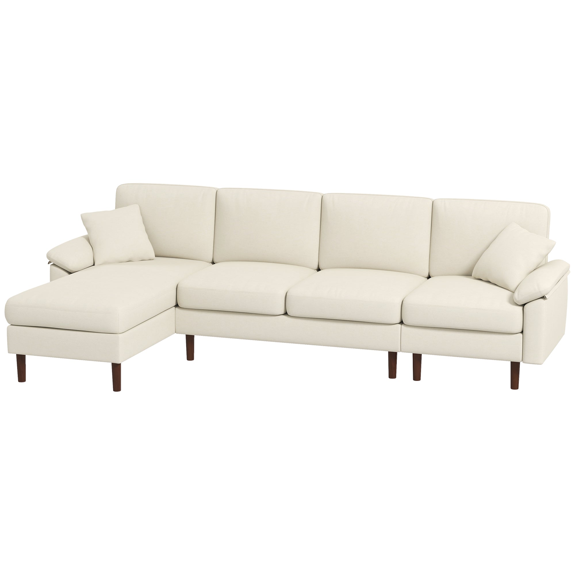 HOMCOM Changeable Sectional Sofa with Chaise Lounge, Modern 4-Seater Couch with Pillows, Wooden Legs, L-Shape Corner Sofa for Living Room, Cream White