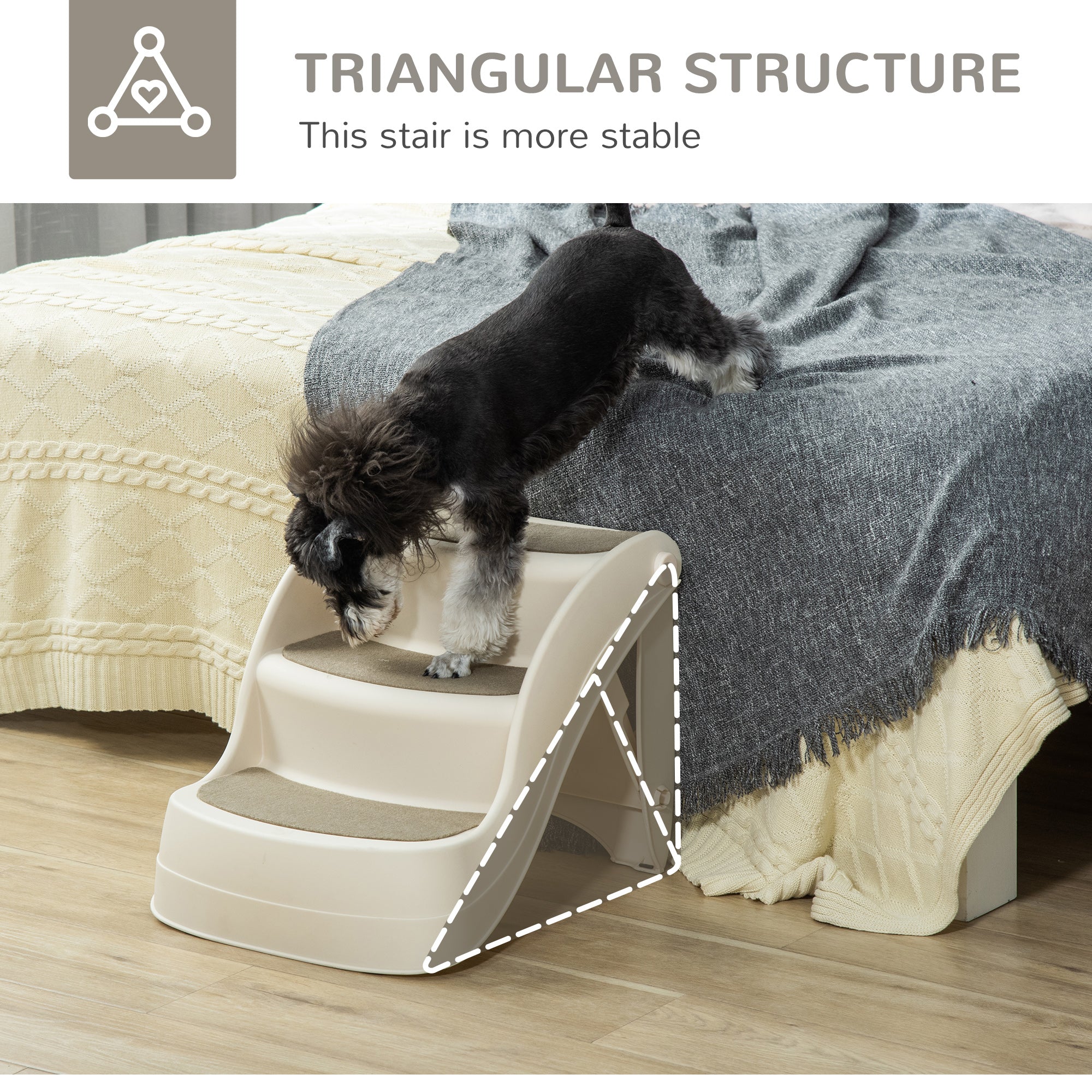 PawHut Portable Pet Stairs Foldable Steps for Small Dogs and Cats 3-Step with Non-slip Treads for Beds Sofas, Cream
