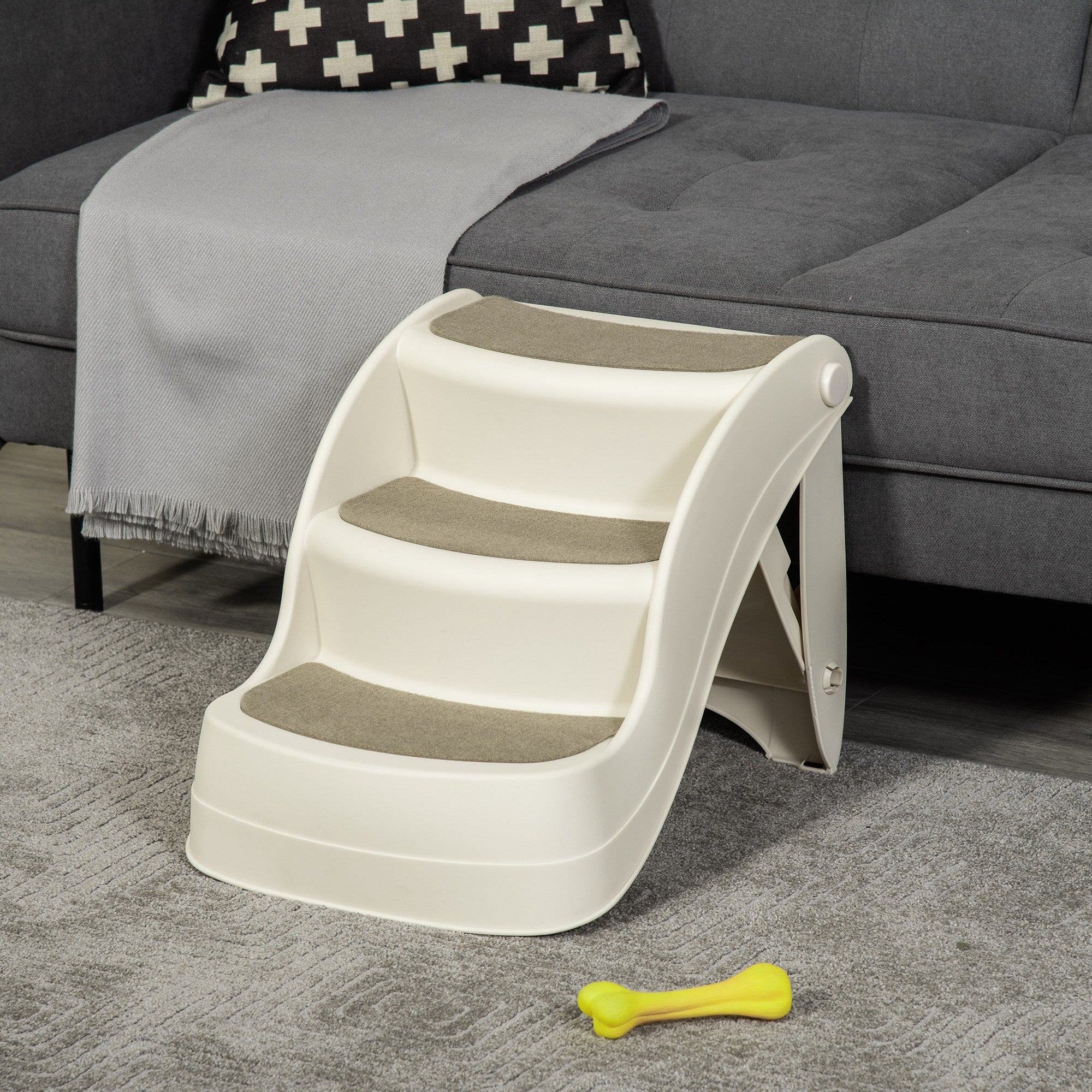 PawHut Portable Pet Stairs Foldable Steps for Small Dogs and Cats 3-Step with Non-slip Treads for Beds Sofas, Cream