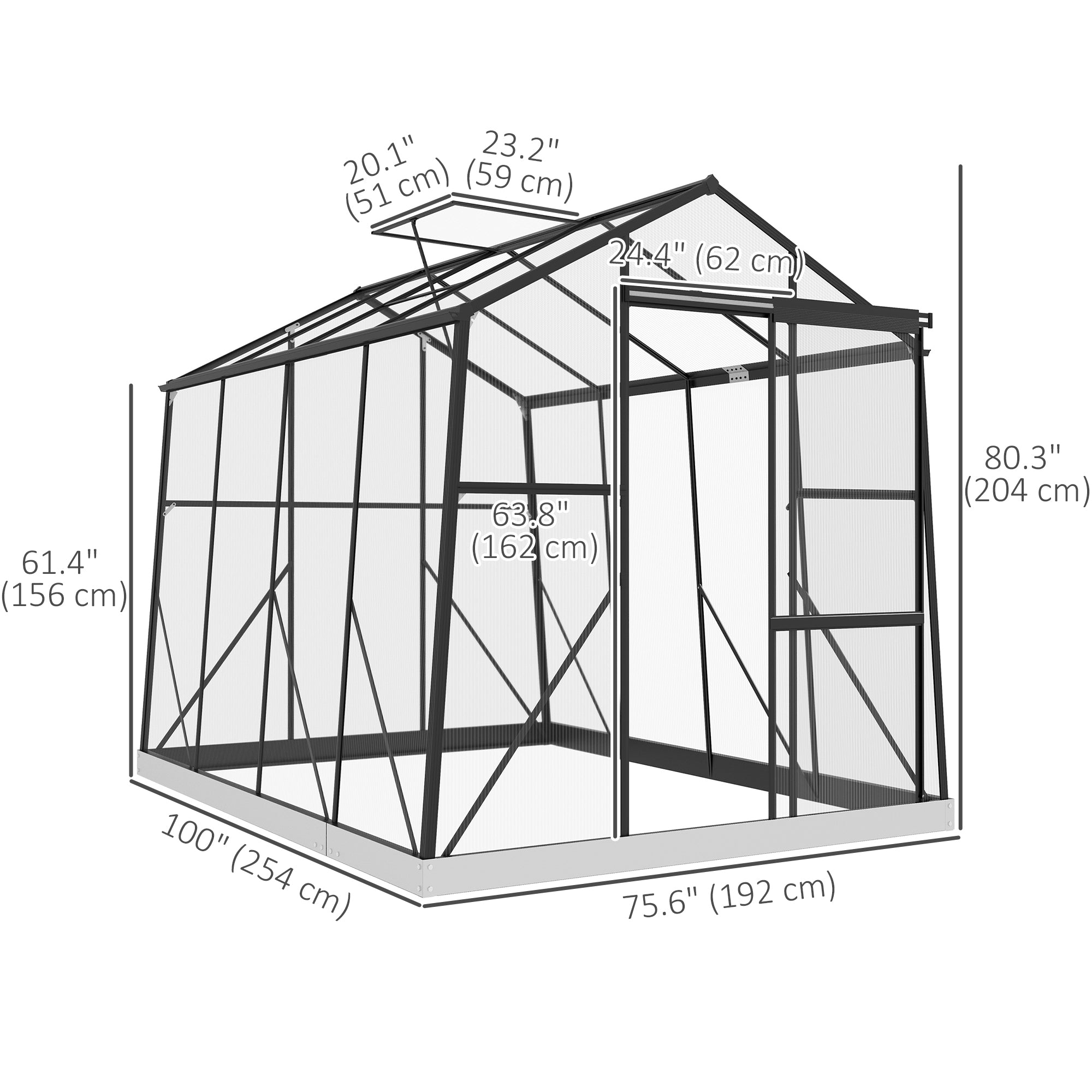 Outsunny 6' x 8' Polycarbonate Greenhouse, Reinforced Aluminium Walk-in Green House with Sliding Door, Roof Vent, Rain Gutter and Foundation Kit, Garden Plants Grow House, Black