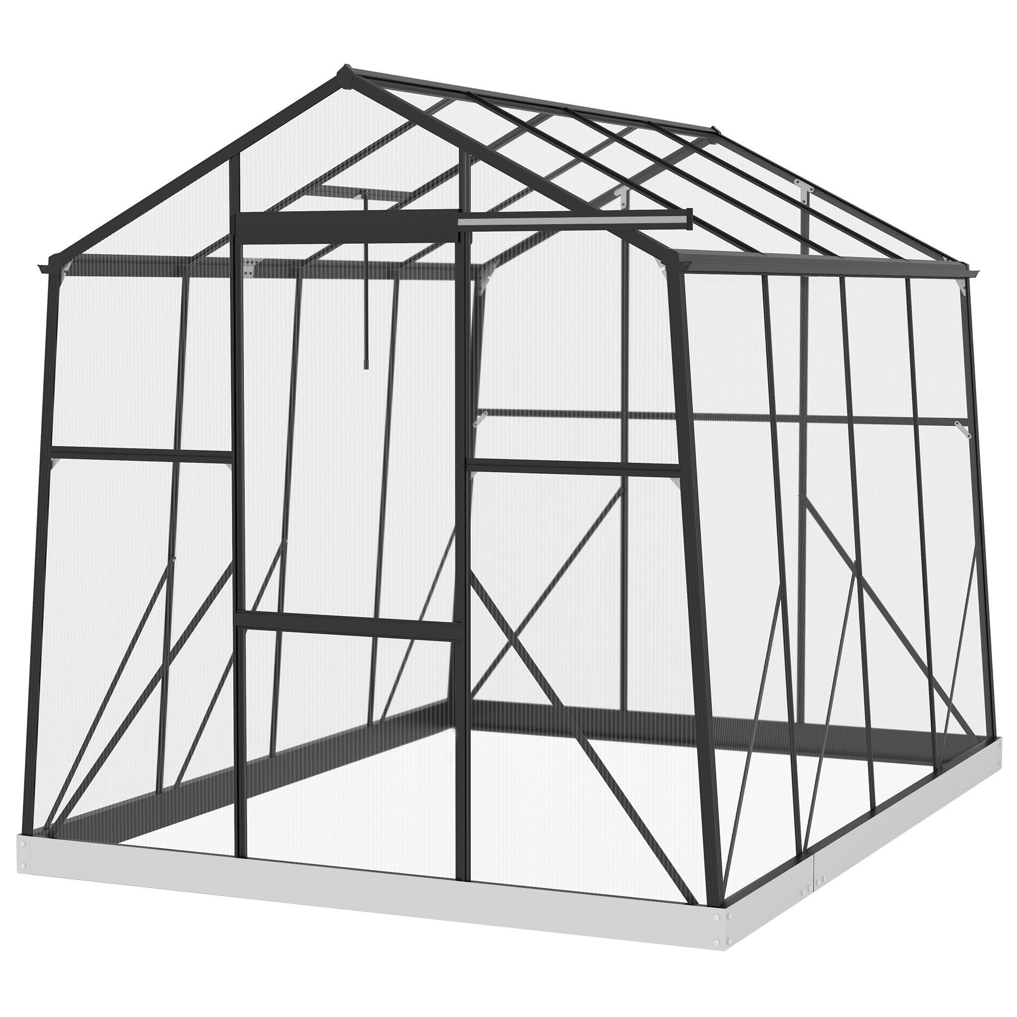 Outsunny 6' x 8' Polycarbonate Greenhouse, Reinforced Aluminium Walk-in Green House with Sliding Door, Roof Vent, Rain Gutter and Foundation Kit, Garden Plants Grow House, Black