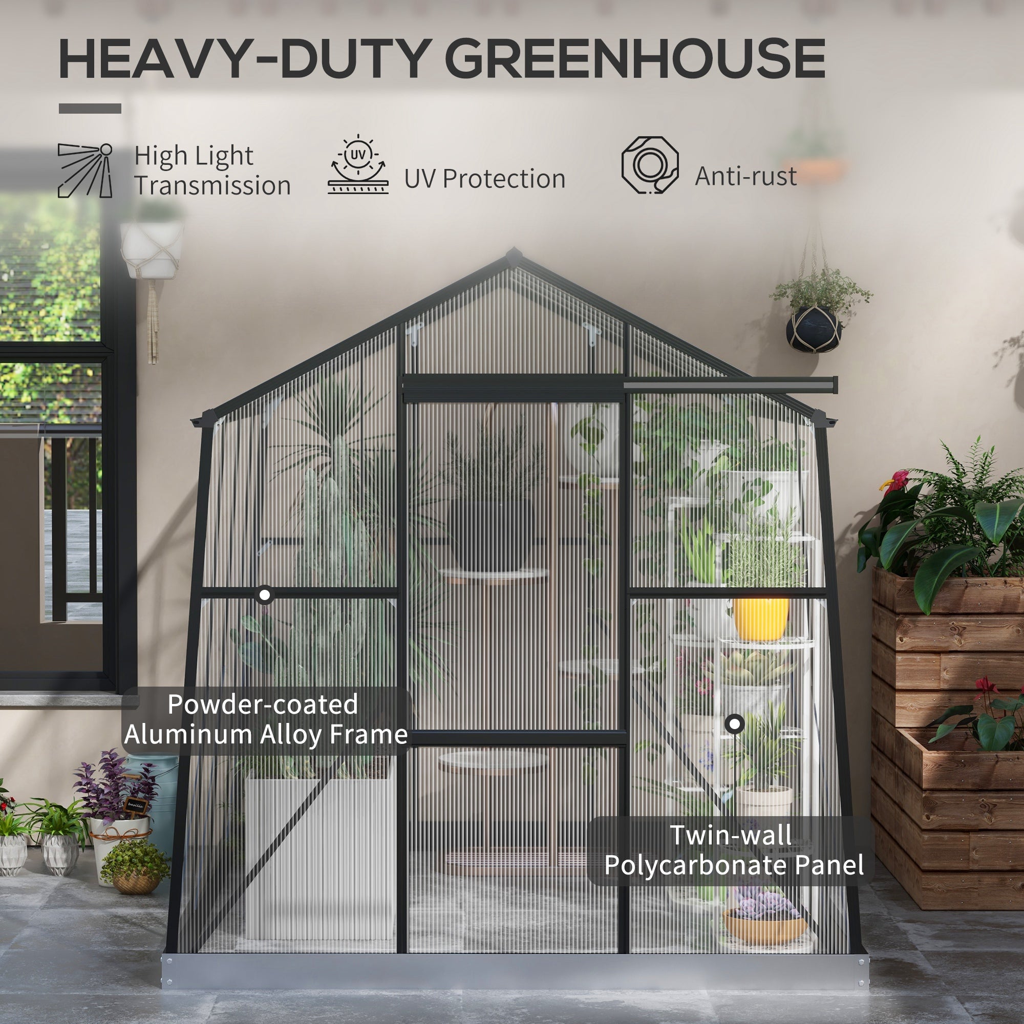 Outsunny 6' x 8' Polycarbonate Greenhouse, Reinforced Aluminium Walk-in Green House with Sliding Door, Roof Vent, Rain Gutter and Foundation Kit, Garden Plants Grow House, Black
