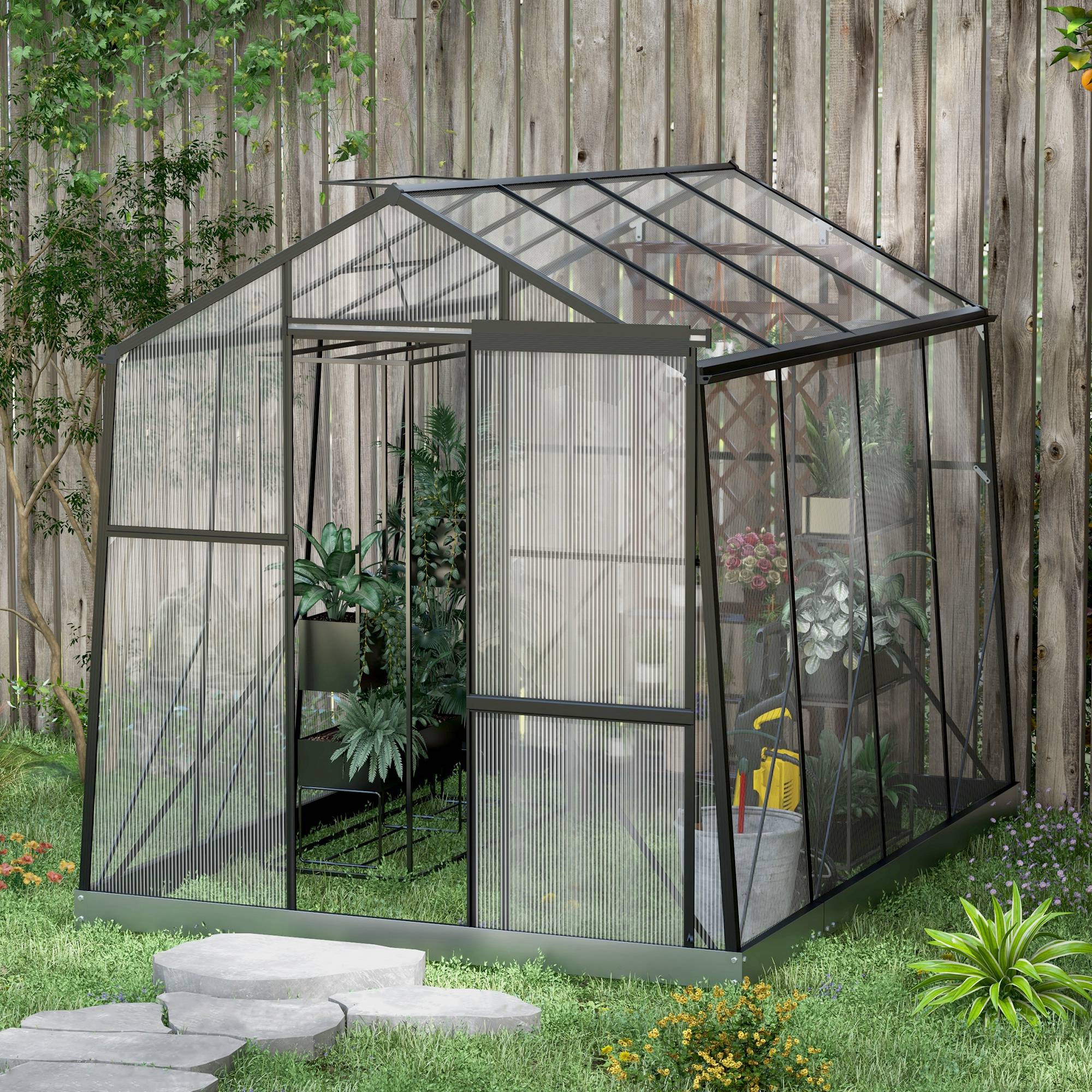 Outsunny 6' x 8' Polycarbonate Greenhouse, Reinforced Aluminium Walk-in Green House with Sliding Door, Roof Vent, Rain Gutter and Foundation Kit, Garden Plants Grow House, Black