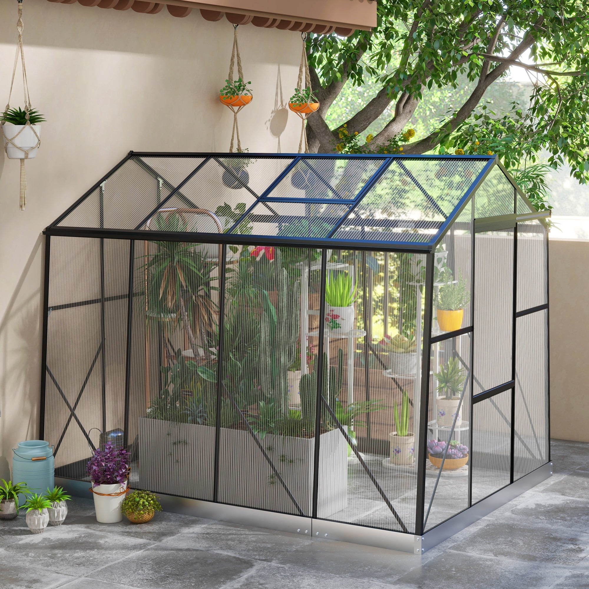 Outsunny 6' x 8' Polycarbonate Greenhouse, Reinforced Aluminium Walk-in Green House with Sliding Door, Roof Vent, Rain Gutter and Foundation Kit, Garden Plants Grow House, Black