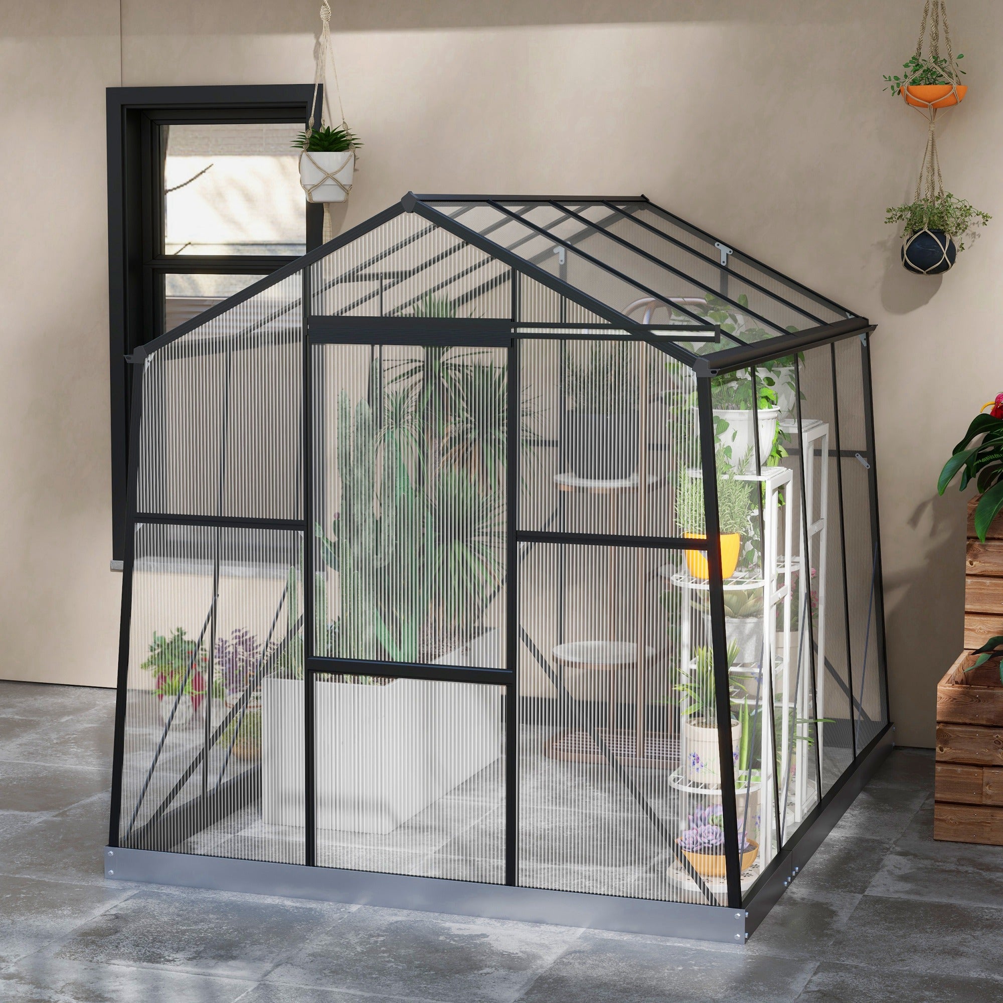 Outsunny 6' x 8' Polycarbonate Greenhouse, Reinforced Aluminium Walk-in Green House with Sliding Door, Roof Vent, Rain Gutter and Foundation Kit, Garden Plants Grow House, Black