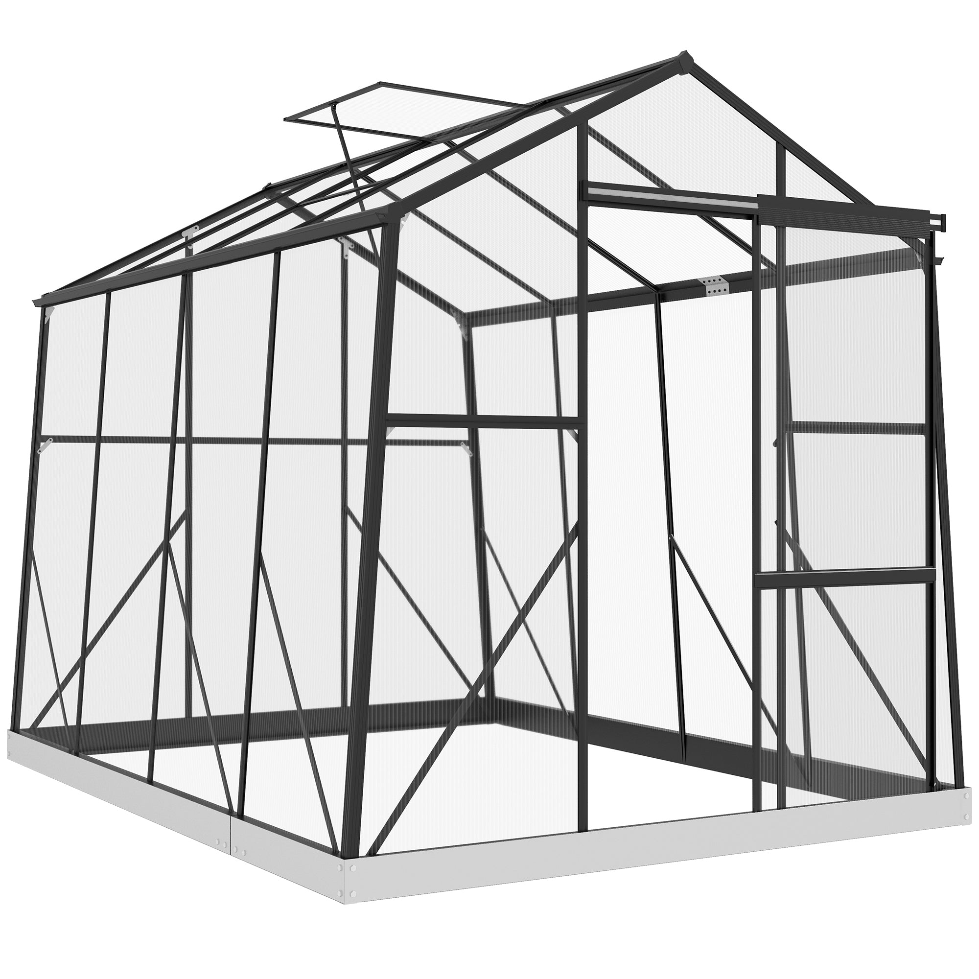 Outsunny 6' x 8' Polycarbonate Greenhouse, Reinforced Aluminium Walk-in Green House with Sliding Door, Roof Vent, Rain Gutter and Foundation Kit, Garden Plants Grow House, Black