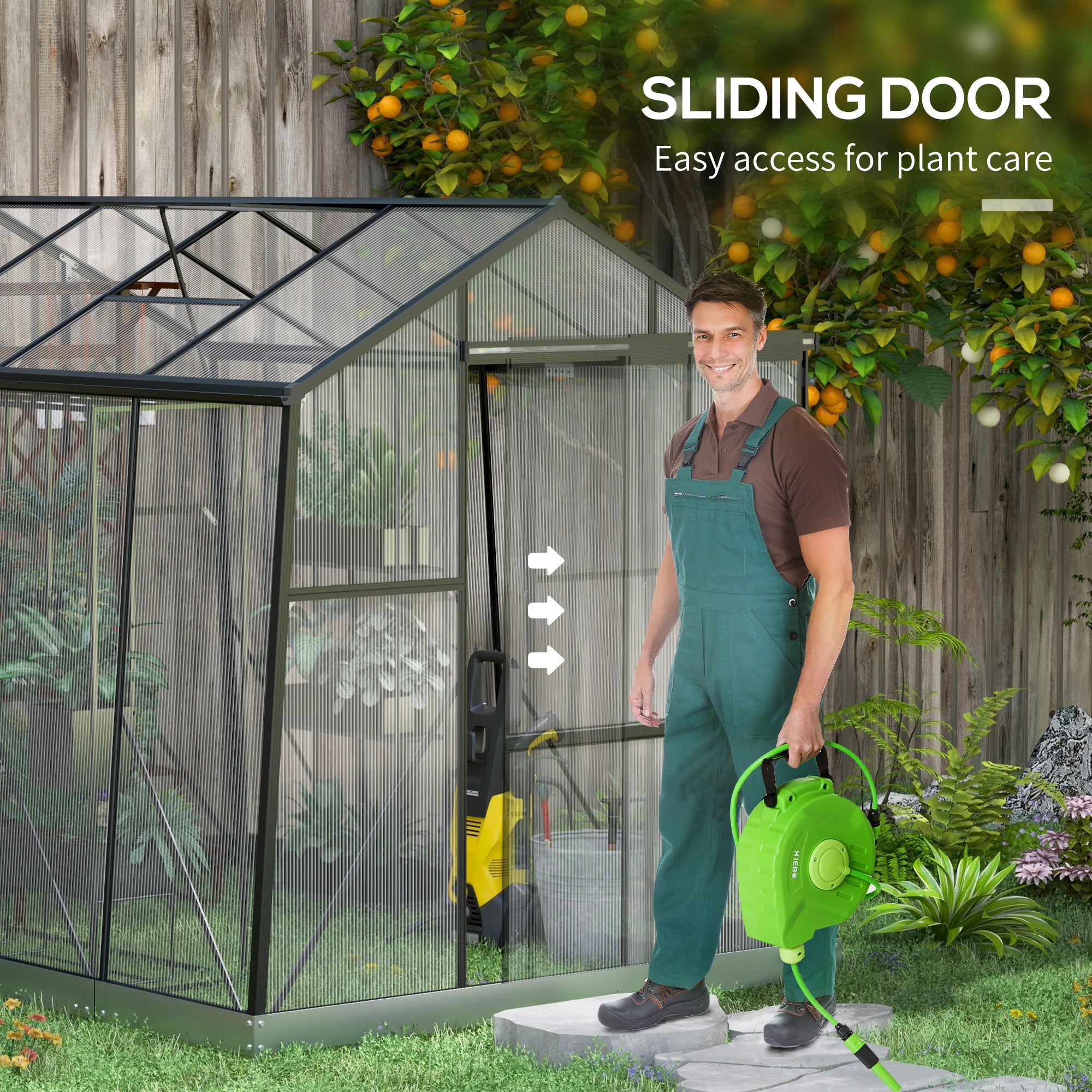 Outsunny 6' x 8' Polycarbonate Greenhouse, Reinforced Aluminium Walk-in Green House with Sliding Door, Roof Vent, Rain Gutter and Foundation Kit, Garden Plants Grow House, Black