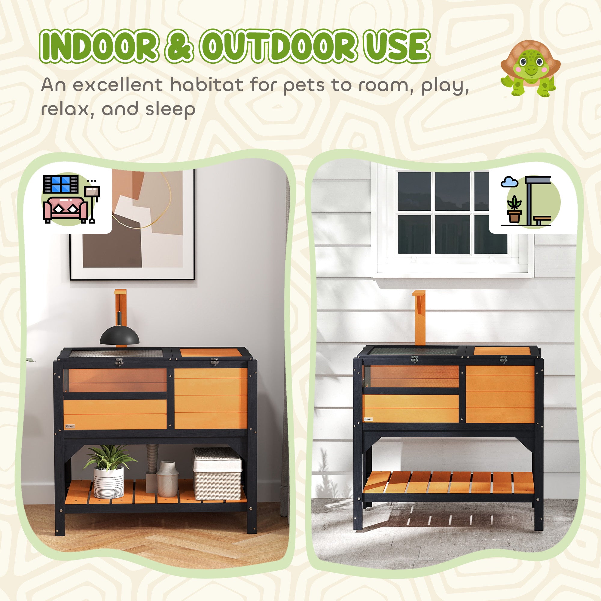 PawHut Tortoise House w/ Shelf, Small Pet Reptile Wooden House w/ Hide Shelter Den and Run, Lamp Holder, Tray, for Indoors, Outdoors - Yellow