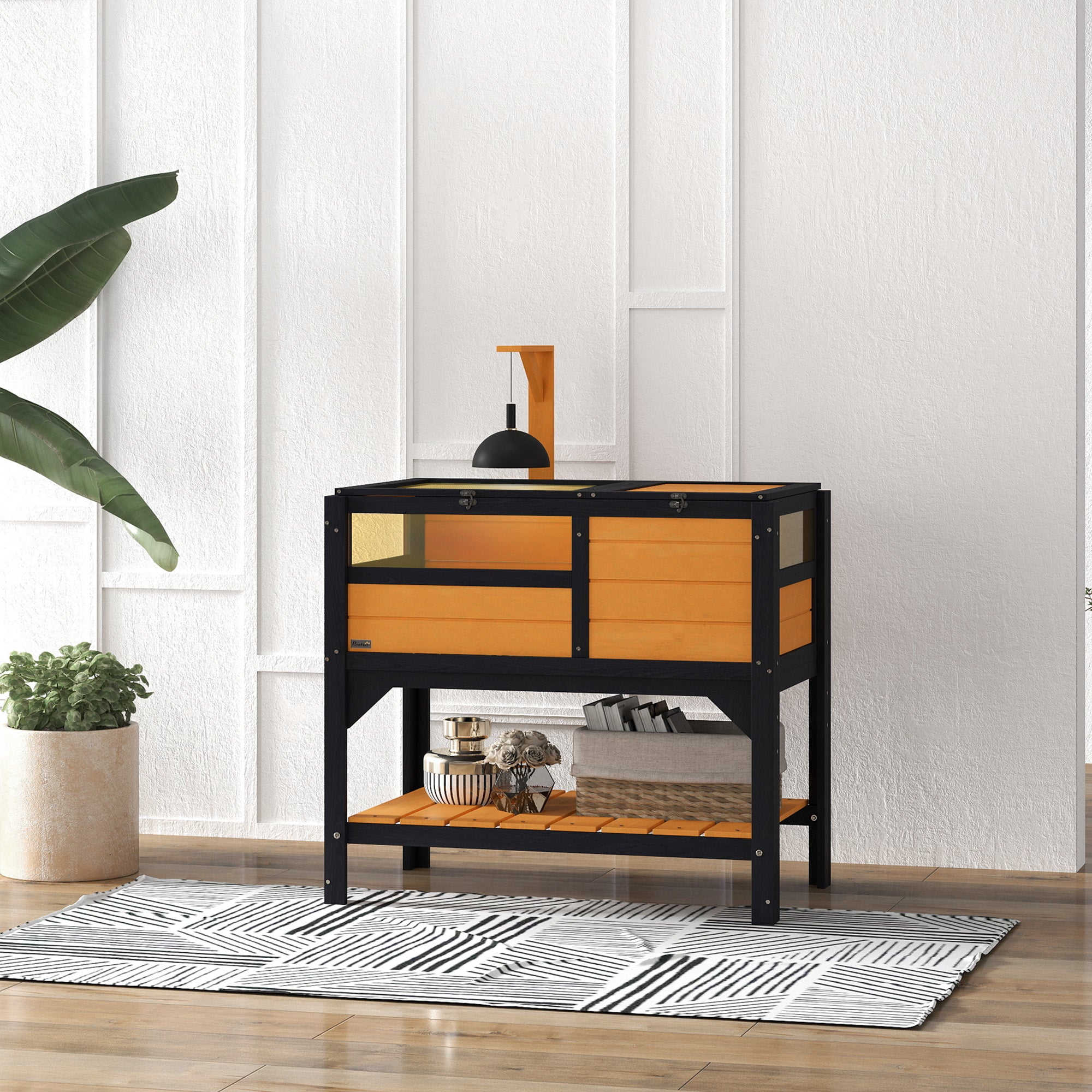 PawHut Tortoise House w/ Shelf, Small Pet Reptile Wooden House w/ Hide Shelter Den and Run, Lamp Holder, Tray, for Indoors, Outdoors - Yellow