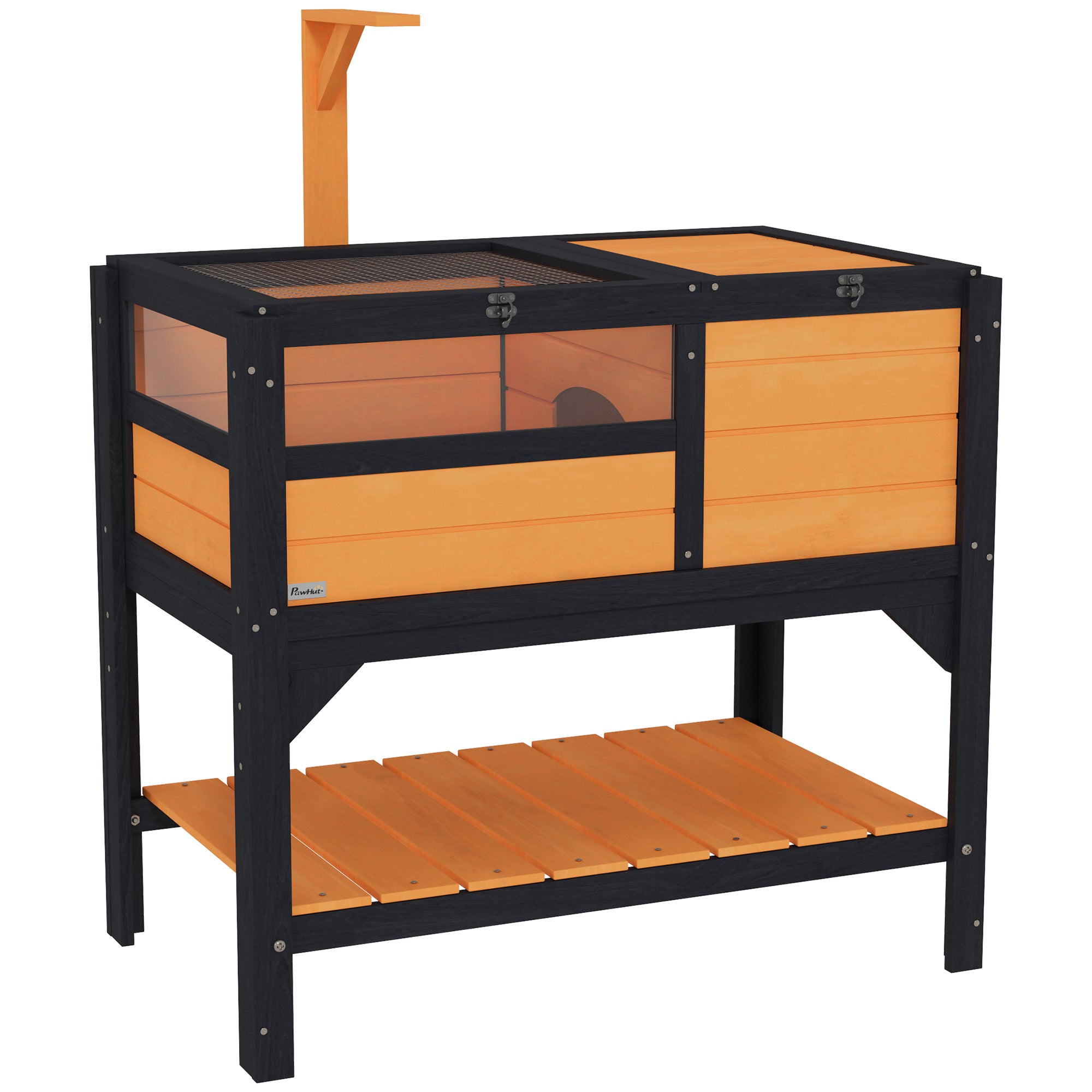 PawHut Tortoise House w/ Shelf, Small Pet Reptile Wooden House w/ Hide Shelter Den and Run, Lamp Holder, Tray, for Indoors, Outdoors - Yellow