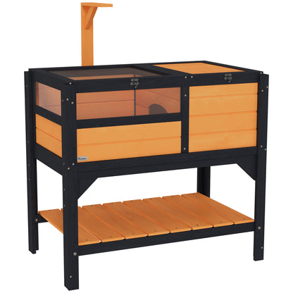 PawHut Tortoise House w/ Shelf, Small Pet Reptile Wooden House w/ Hide Shelter Den and Run, Lamp Holder, Tray, for Indoors, Outdoors - Yellow