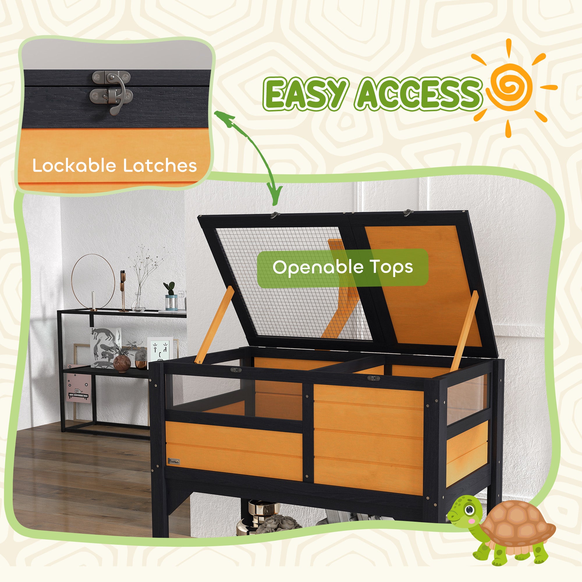 PawHut Tortoise House w/ Shelf, Small Pet Reptile Wooden House w/ Hide Shelter Den and Run, Lamp Holder, Tray, for Indoors, Outdoors - Yellow