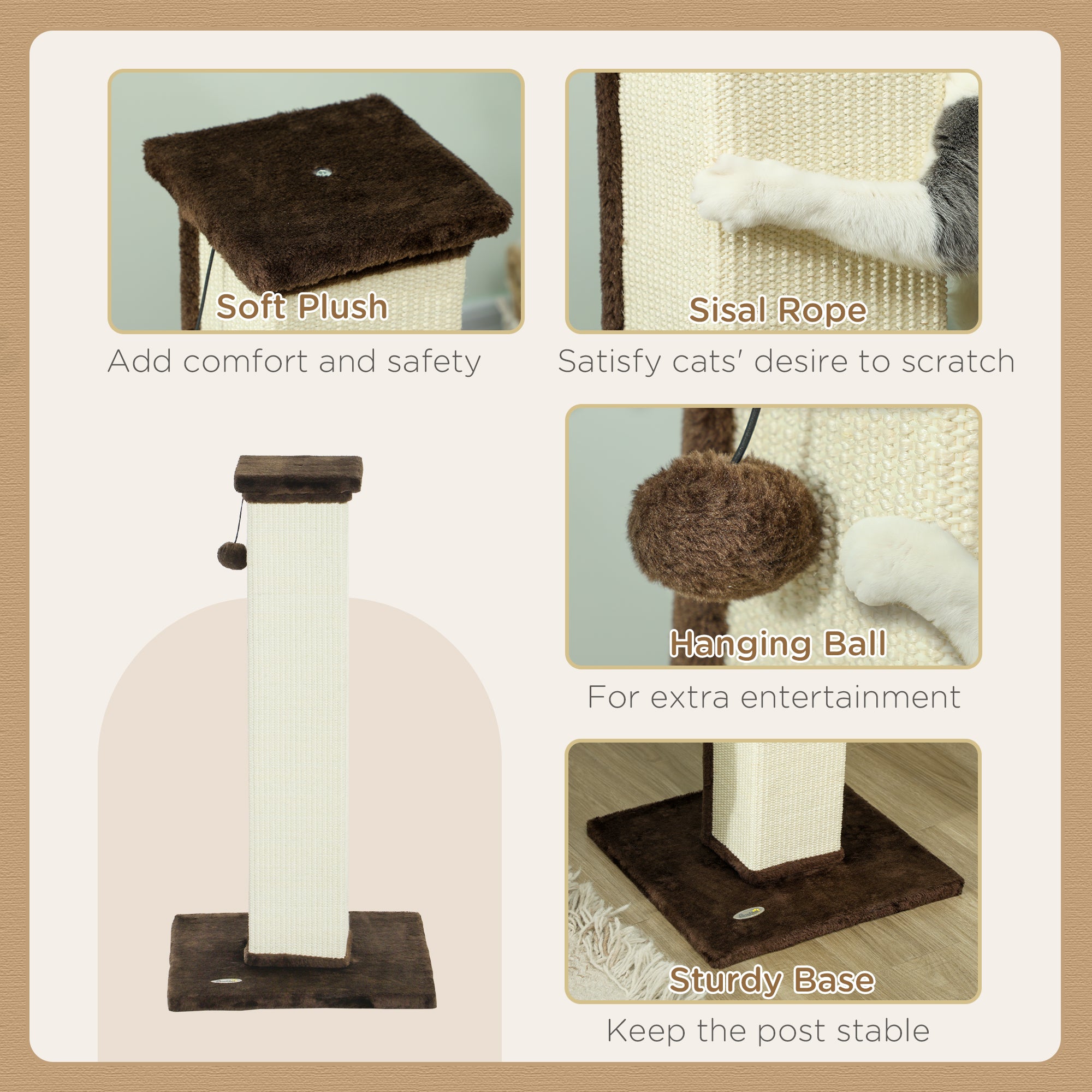PawHut Cat Scratching Post for Indoor Cats, 81cm Cat Scratcher, Vertical Full Scratcher with Natural Sisal Rope, Hanging Ball and Soft Plush, Brown