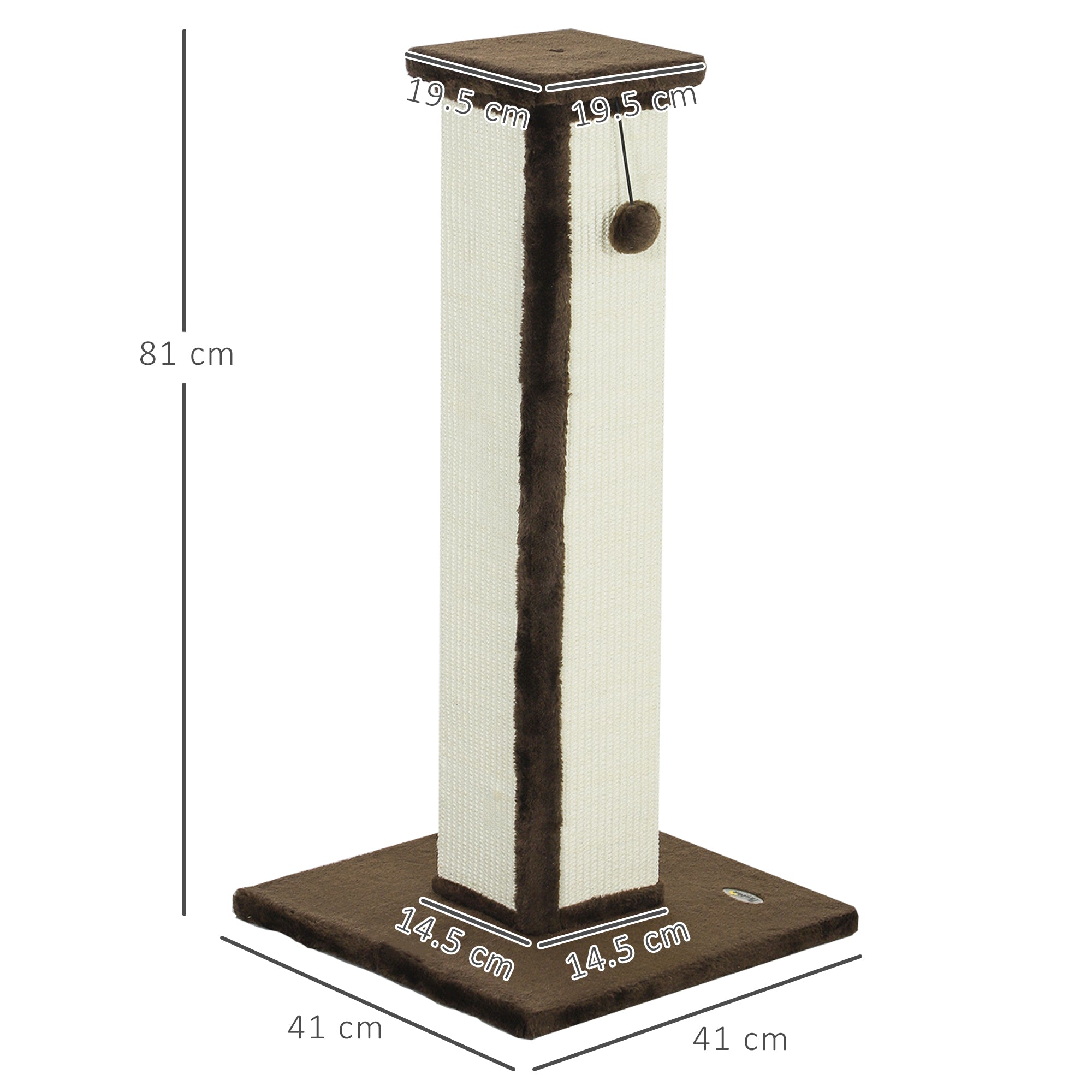 PawHut Cat Scratching Post for Indoor Cats, 81cm Cat Scratcher, Vertical Full Scratcher with Natural Sisal Rope, Hanging Ball and Soft Plush, Brown