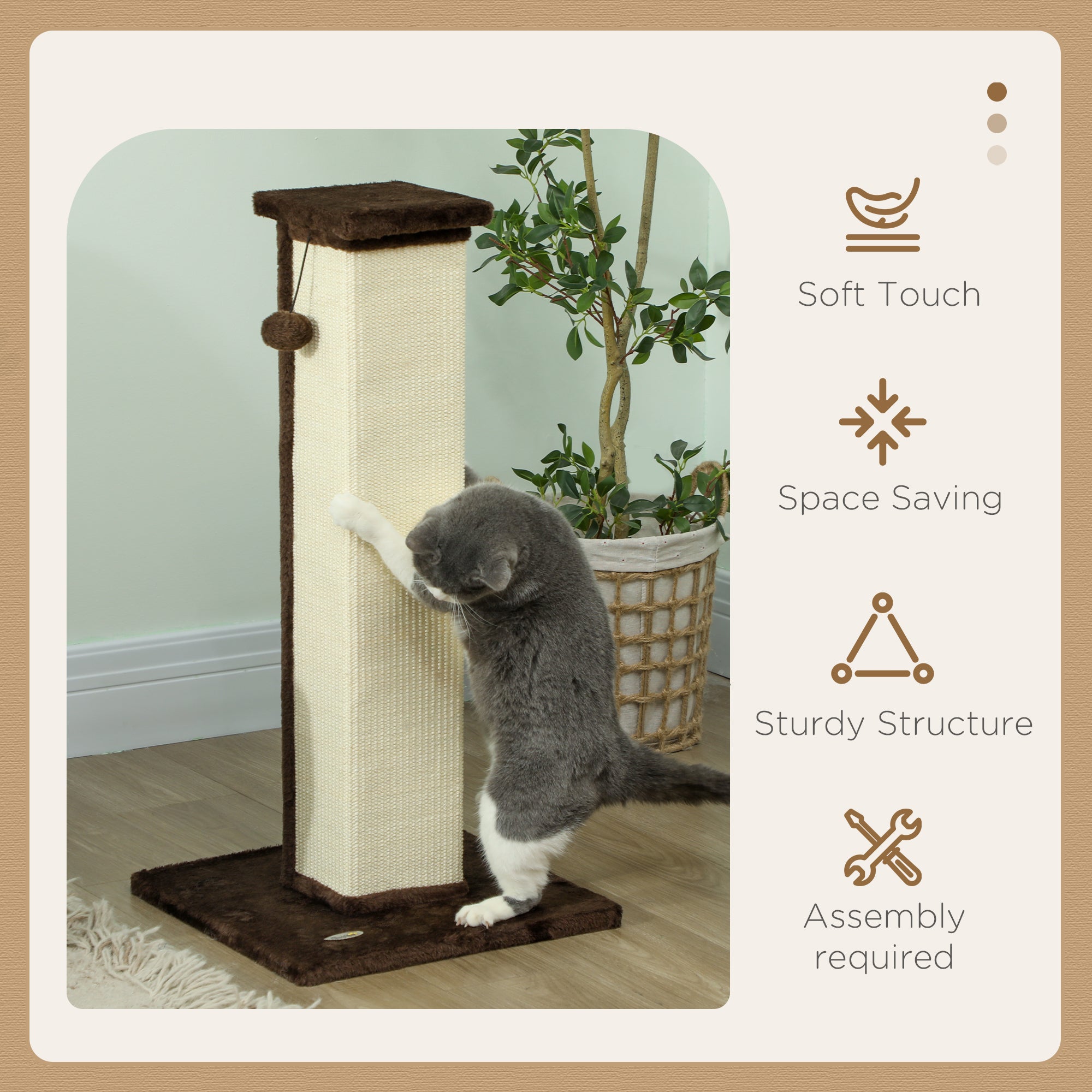 PawHut Cat Scratching Post for Indoor Cats, 81cm Cat Scratcher, Vertical Full Scratcher with Natural Sisal Rope, Hanging Ball and Soft Plush, Brown