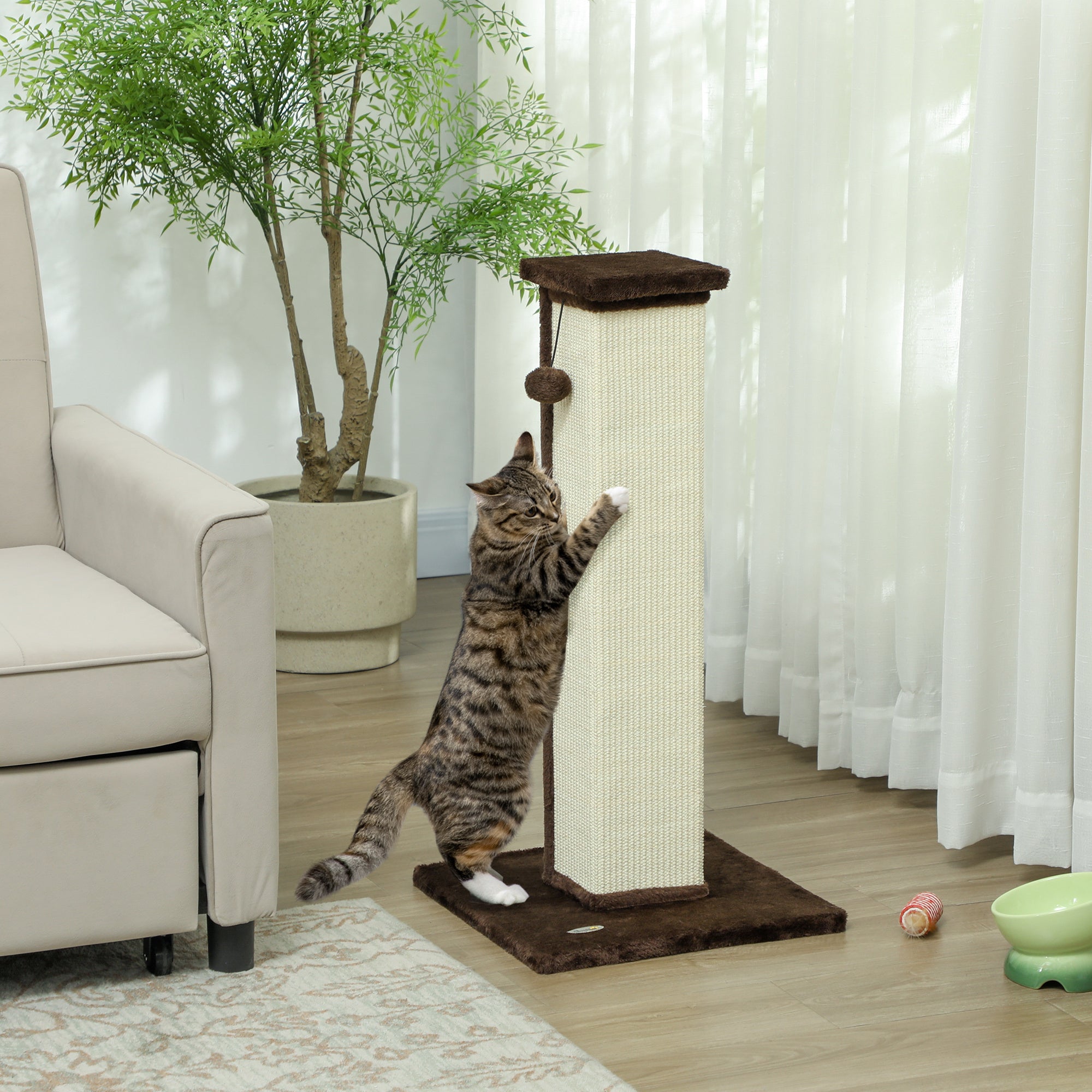 PawHut Cat Scratching Post for Indoor Cats, 81cm Cat Scratcher, Vertical Full Scratcher with Natural Sisal Rope, Hanging Ball and Soft Plush, Brown