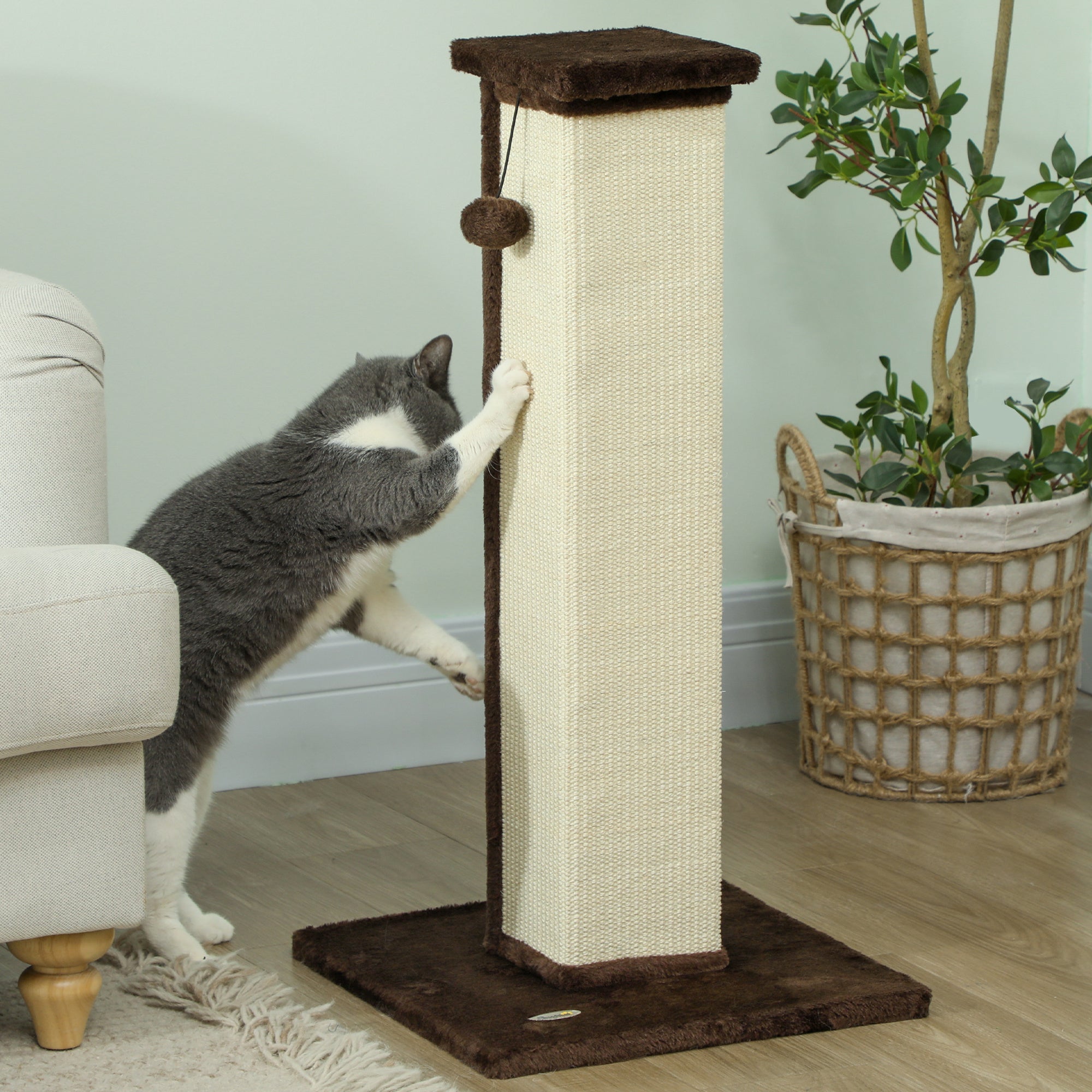 PawHut Cat Scratching Post for Indoor Cats, 81cm Cat Scratcher, Vertical Full Scratcher with Natural Sisal Rope, Hanging Ball and Soft Plush, Brown
