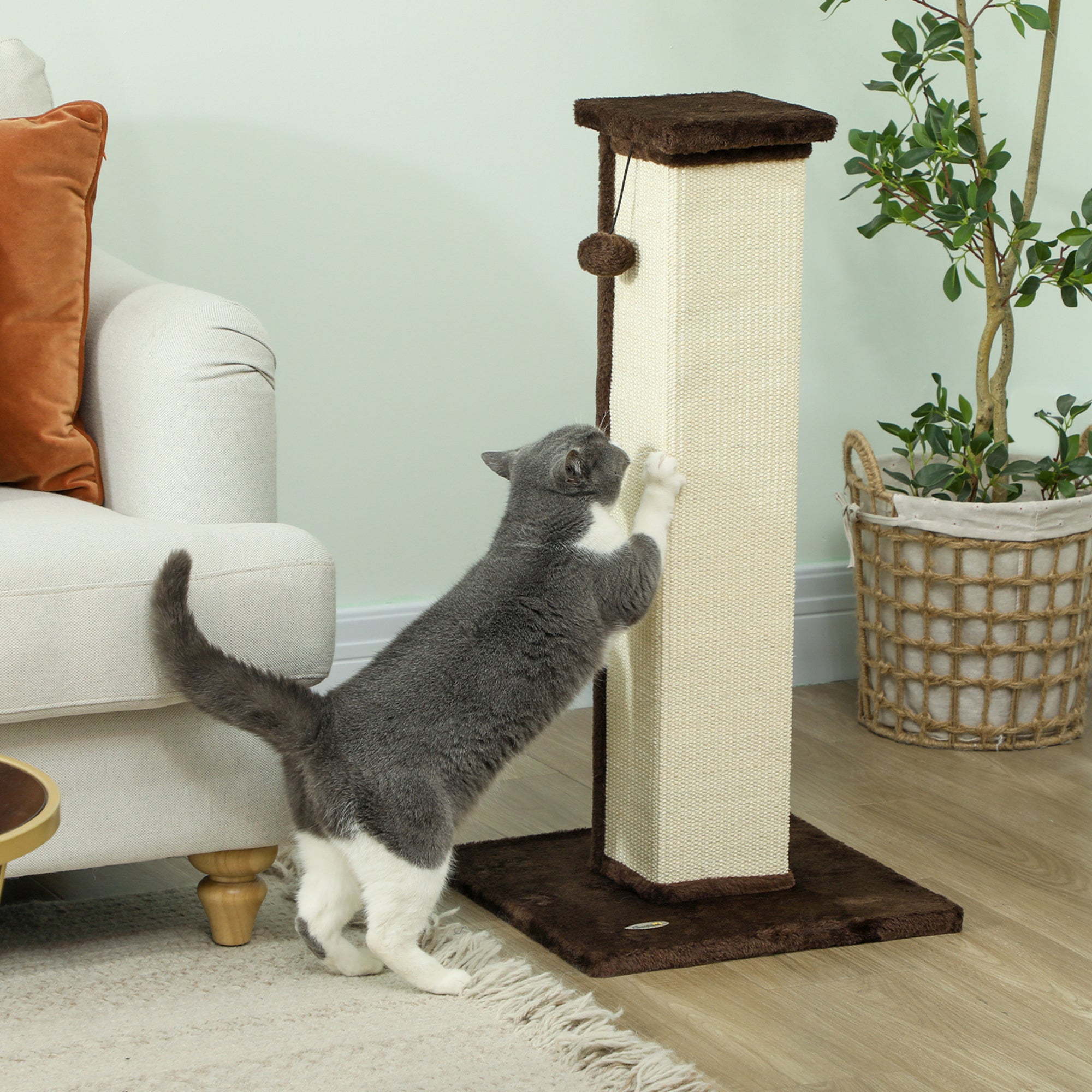 PawHut Cat Scratching Post for Indoor Cats, 81cm Cat Scratcher, Vertical Full Scratcher with Natural Sisal Rope, Hanging Ball and Soft Plush, Brown
