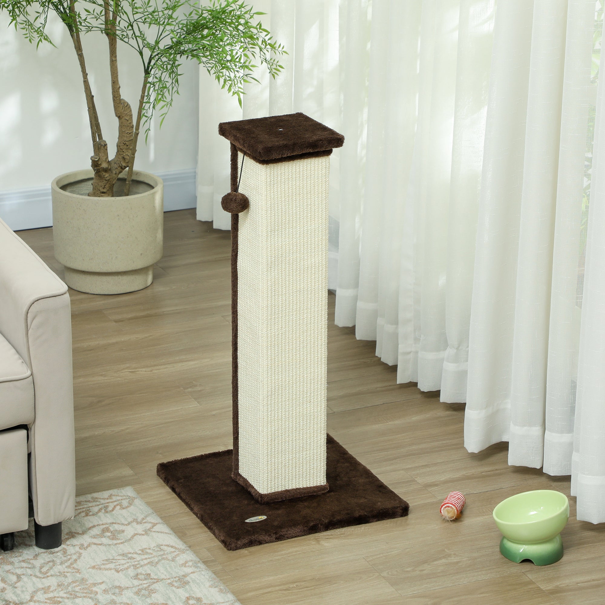 PawHut Cat Scratching Post for Indoor Cats, 81cm Cat Scratcher, Vertical Full Scratcher with Natural Sisal Rope, Hanging Ball and Soft Plush, Brown