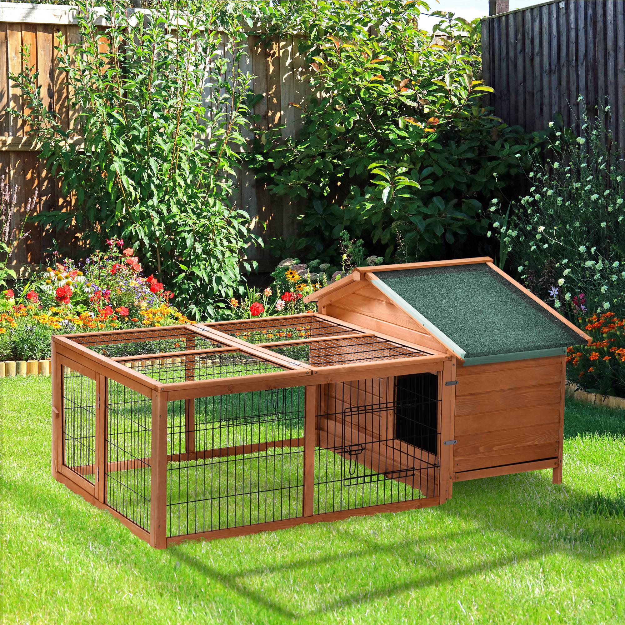 PawHut Wooden Rabbit Hutch Outdoor, Guinea Pig Hutch, Detachable Pet House Animal Cage with Openable Run & Roof Lockable Door Slide-out Tray 146 x 95 x 69cm