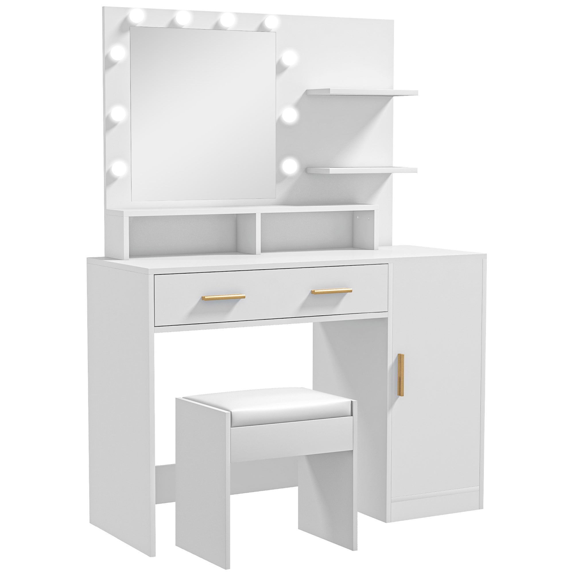 HOMCOM Vanity Desk with Mirror and Lights, Makeup Vanity Set with 10 LED Bulbs, Dressing Table with Stool, Drawer, Cabinet and 3 Open Shelves for Bedroom, White