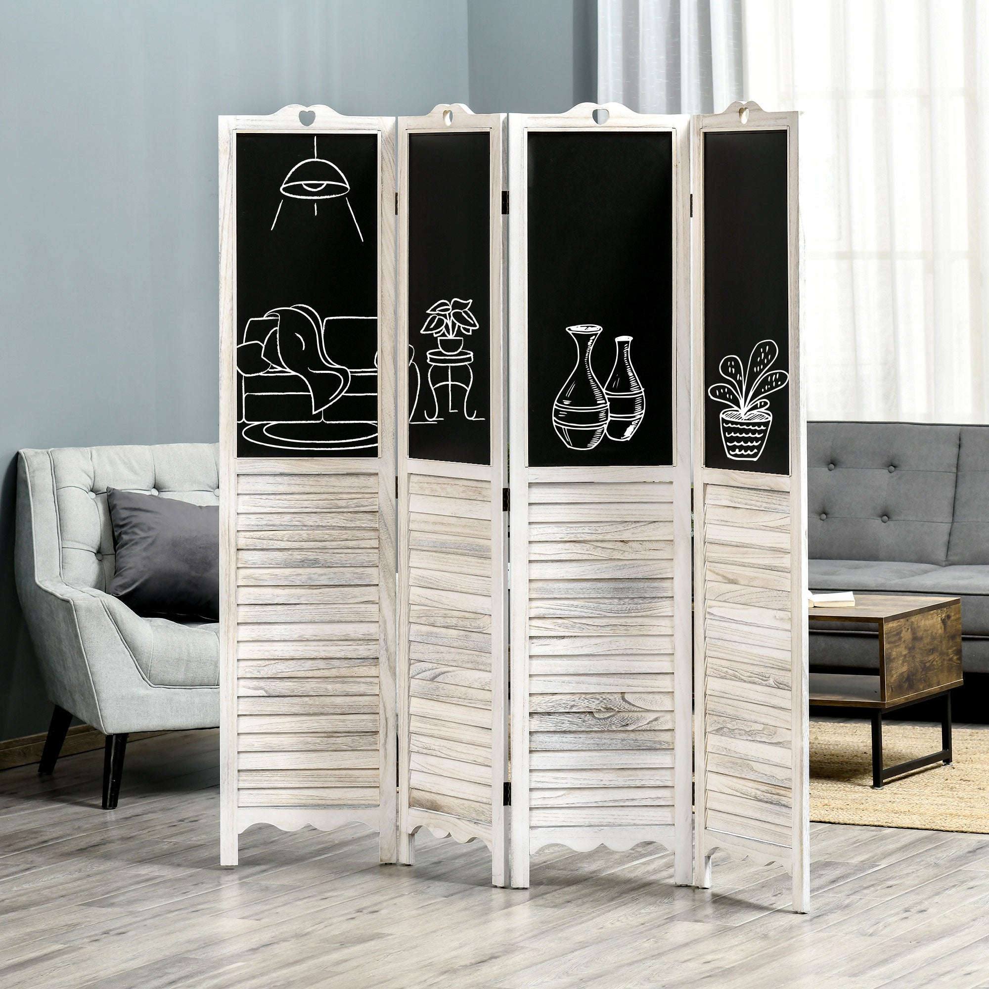 HOMCOM 5.6 Ft. Tall 4-Panel Room Divider, Chalkboard Panel Freestanding Folding Privacy Screen Panels, Partition Wall Divider for Indoor Bedroom Office