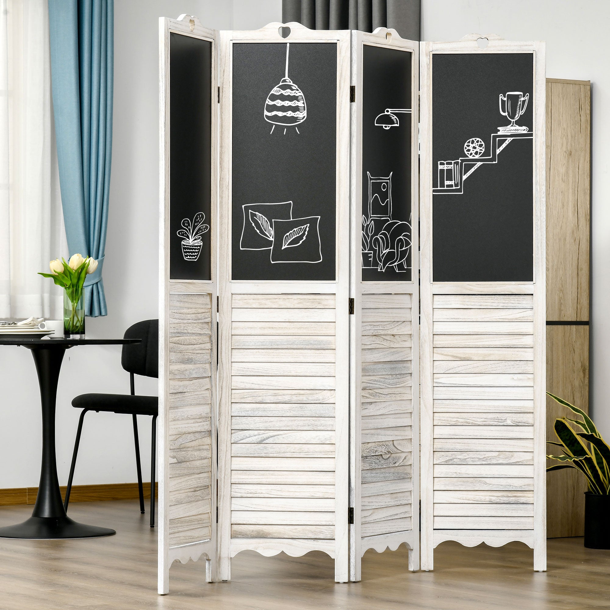 HOMCOM 5.6 Ft. Tall 4-Panel Room Divider, Chalkboard Panel Freestanding Folding Privacy Screen Panels, Partition Wall Divider for Indoor Bedroom Office