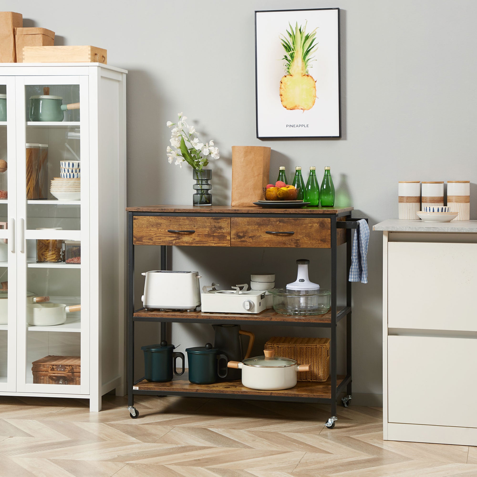 HOMCOM Industrial Kitchen Island with Storage, Kitchen Cart with Drawers, Storage Shelves, Towel Rack, Metal Frame for Dining Room, Living Room,Rustic Brown