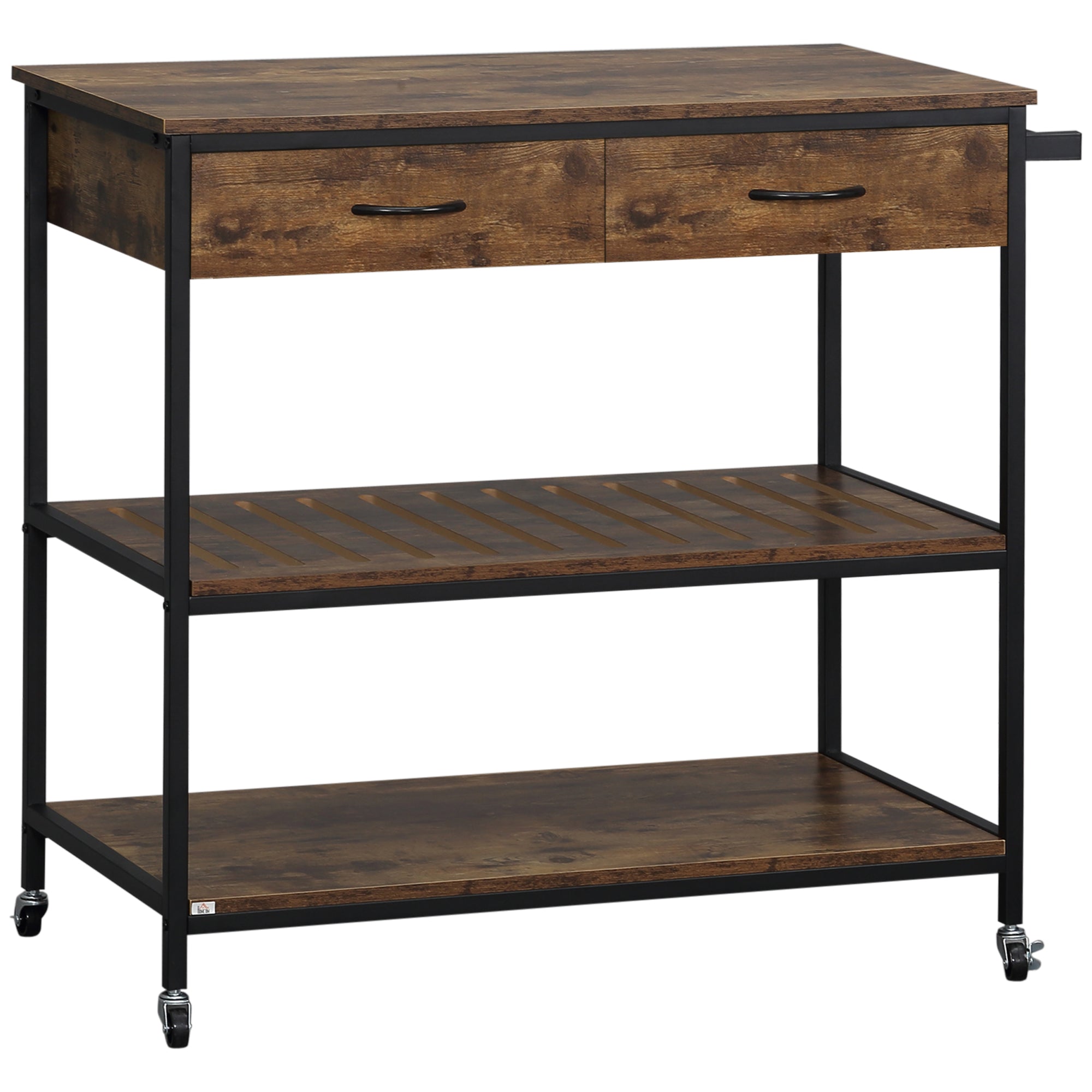 HOMCOM Industrial Kitchen Island with Storage, Kitchen Cart with Drawers, Storage Shelves, Towel Rack, Metal Frame for Dining Room, Living Room,Rustic Brown