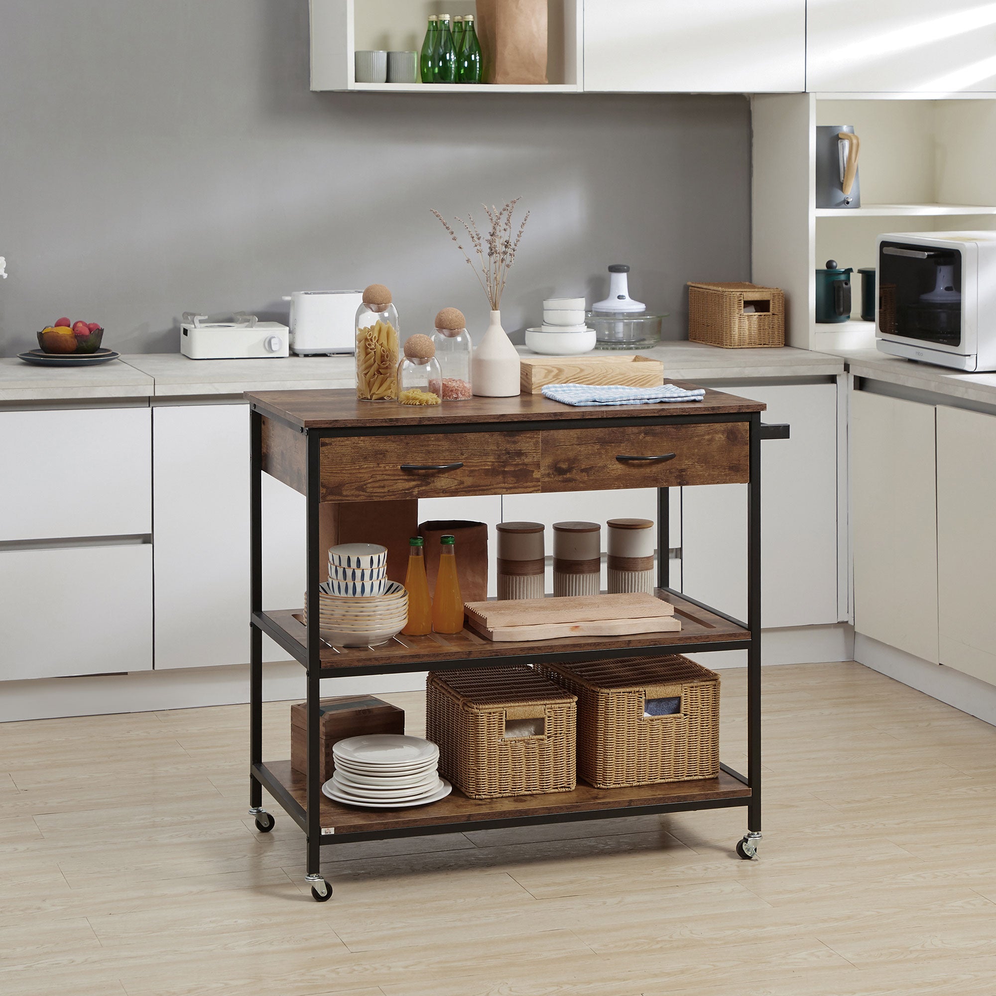 HOMCOM Industrial Kitchen Island with Storage, Kitchen Cart with Drawers, Storage Shelves, Towel Rack, Metal Frame for Dining Room, Living Room,Rustic Brown