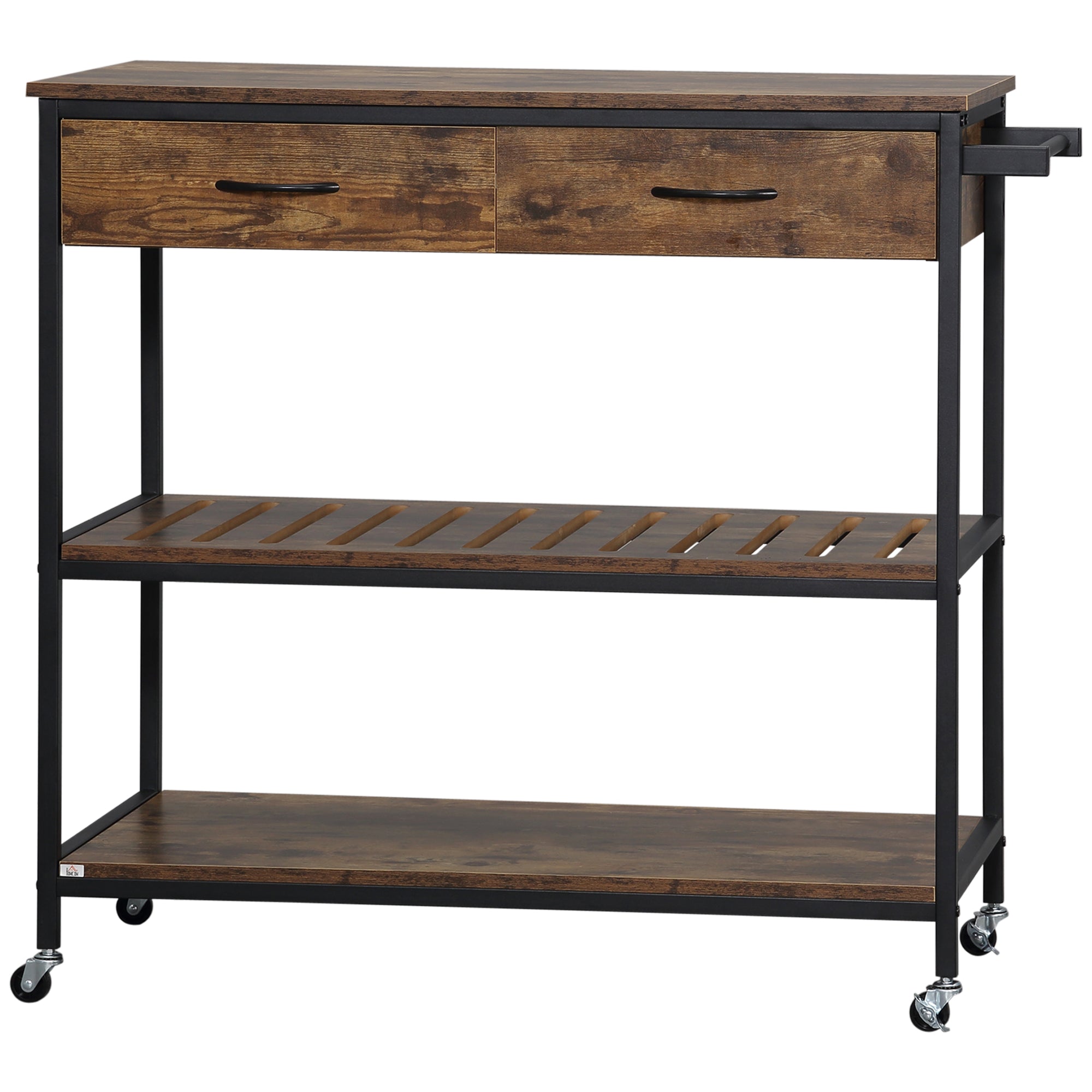 HOMCOM Industrial Kitchen Island with Storage, Kitchen Cart with Drawers, Storage Shelves, Towel Rack, Metal Frame for Dining Room, Living Room,Rustic Brown