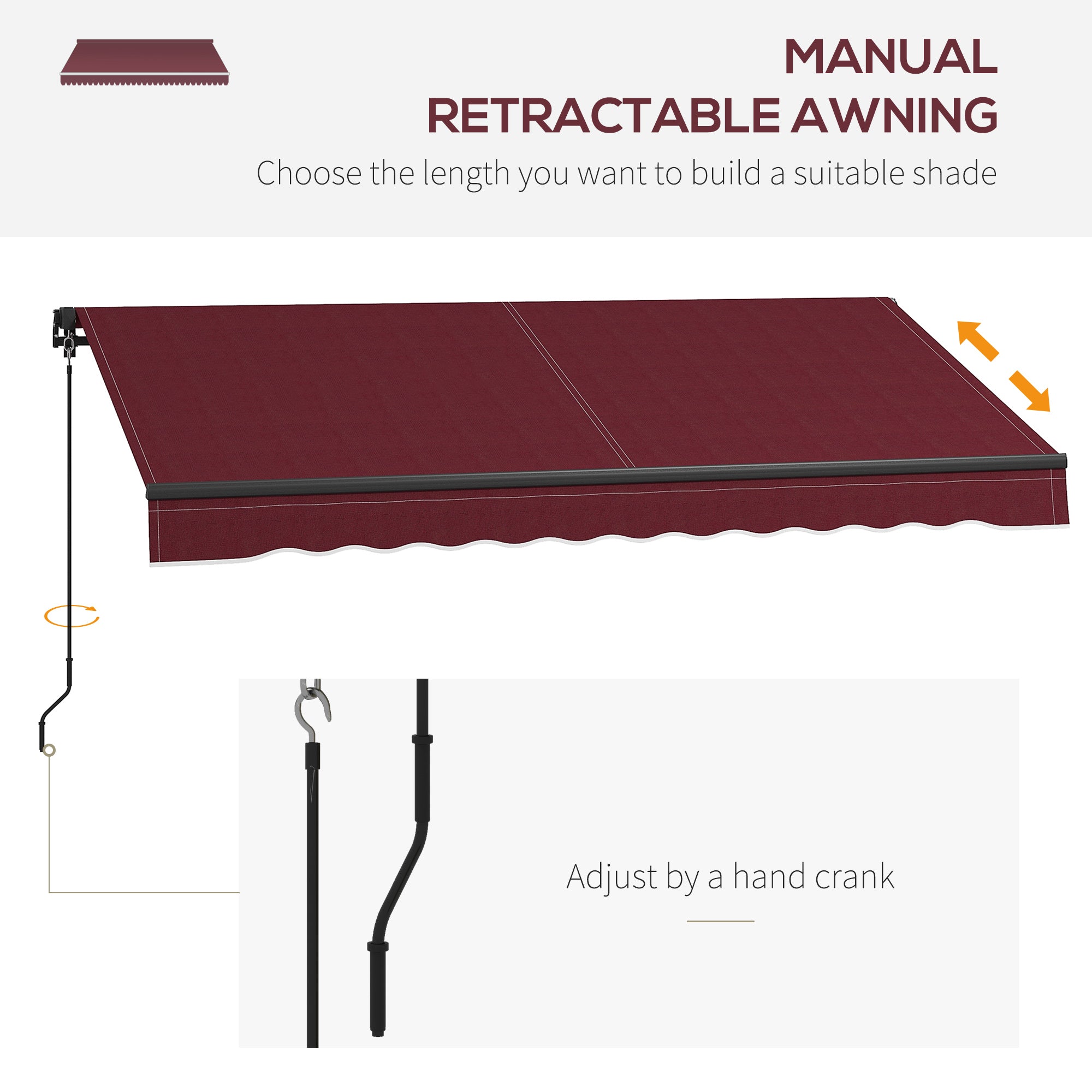 Outsunny 10' x 8' Retractable Awning, Patio Awning Sunshade Shelter with Manual Crank Handle, 280gsm UV Resistant Fabric and Aluminum Frame, for Balcony, Yard, Wine Red