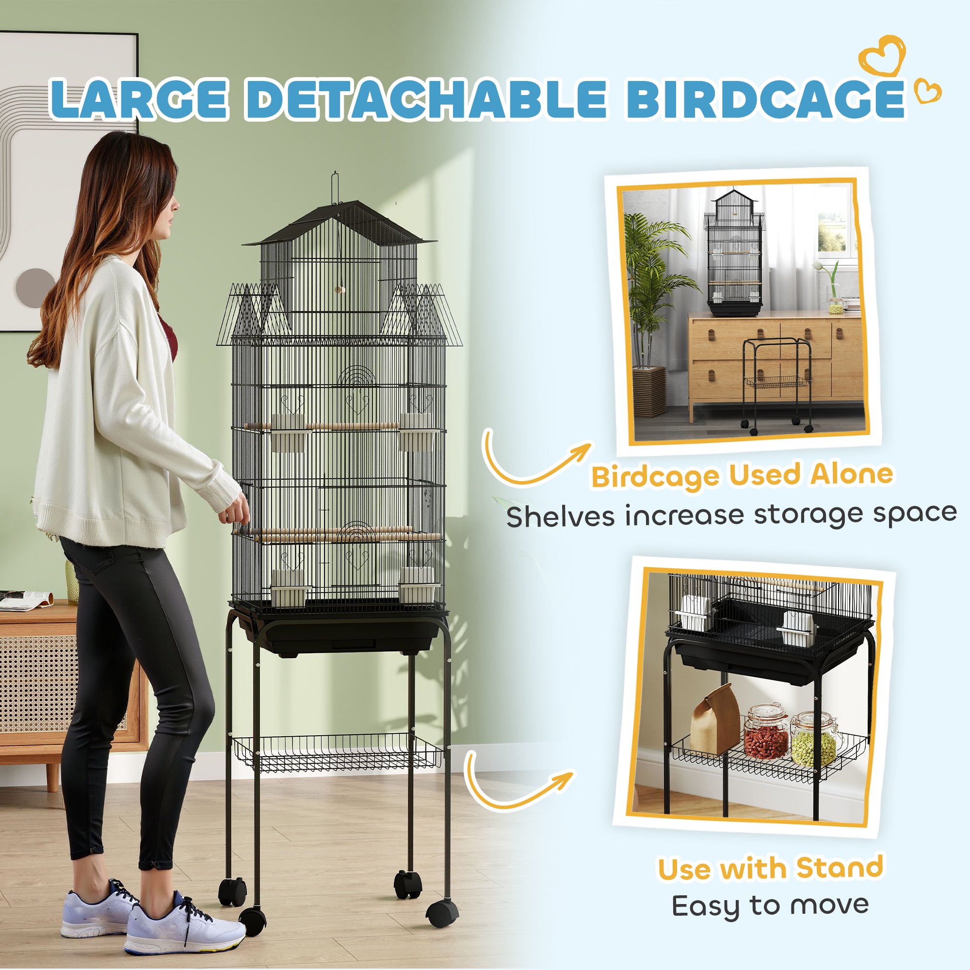 PawHut Bird Cage Budgie Cage with Stand Slide Tray Handle for Finch Canary 43 x 32.5 x 163cm Black