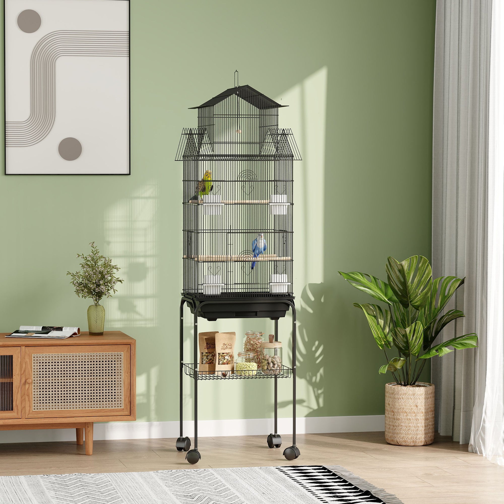 PawHut Bird Cage Budgie Cage with Stand Slide Tray Handle for Finch Canary 43 x 32.5 x 163cm Black